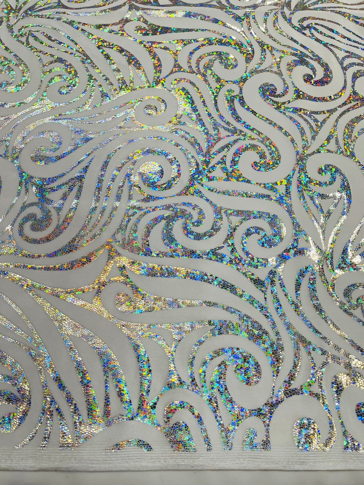 Holographic Foil Tribal Flame Design On A Stretch Velvet Fabric. Sold By The Yard