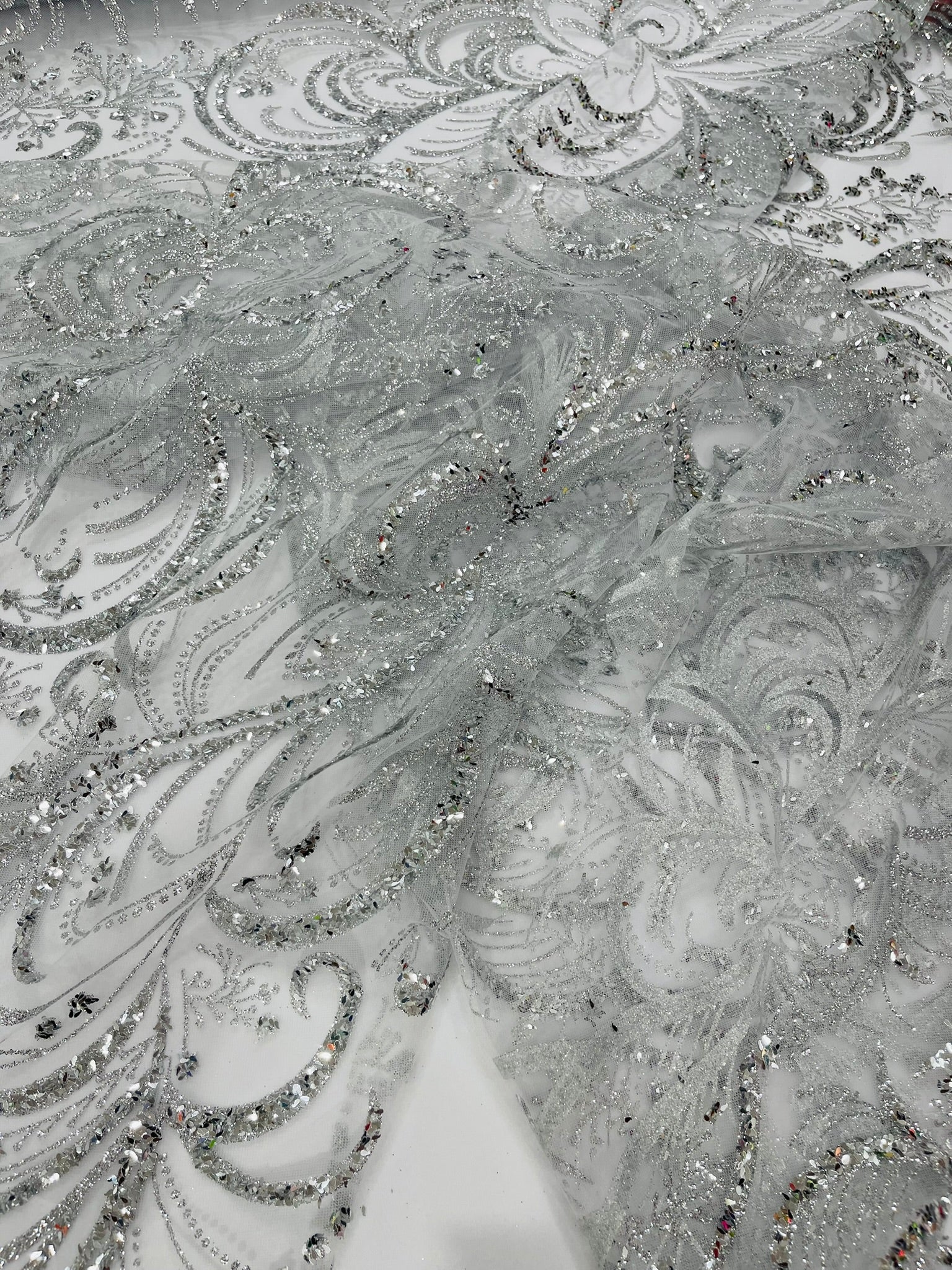 Palm Glitter Vine Design On A Mesh Lace Fabric 58"' Wide Prom.
