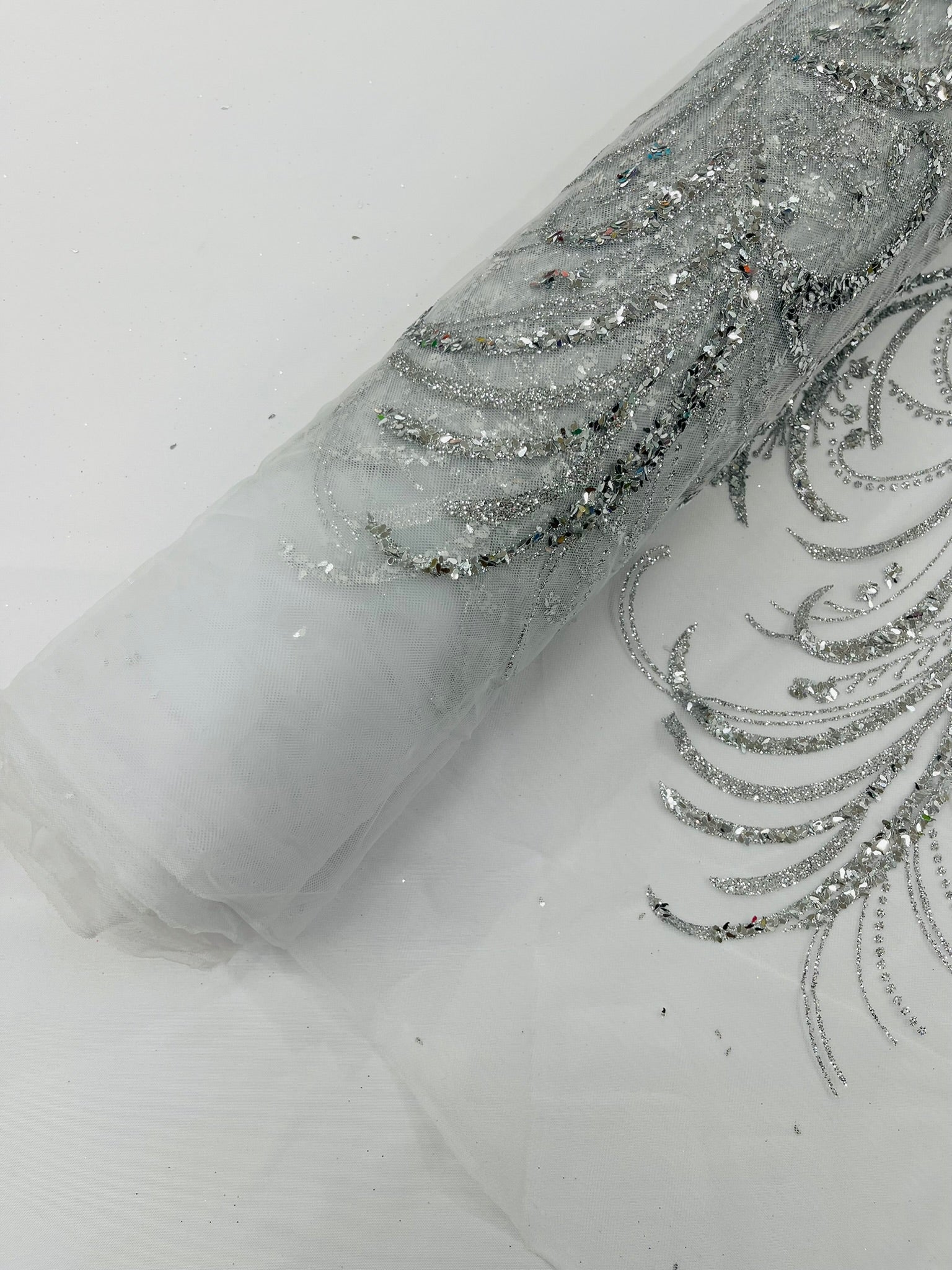 Palm Glitter Vine Design On A Mesh Lace Fabric 58"' Wide Prom.