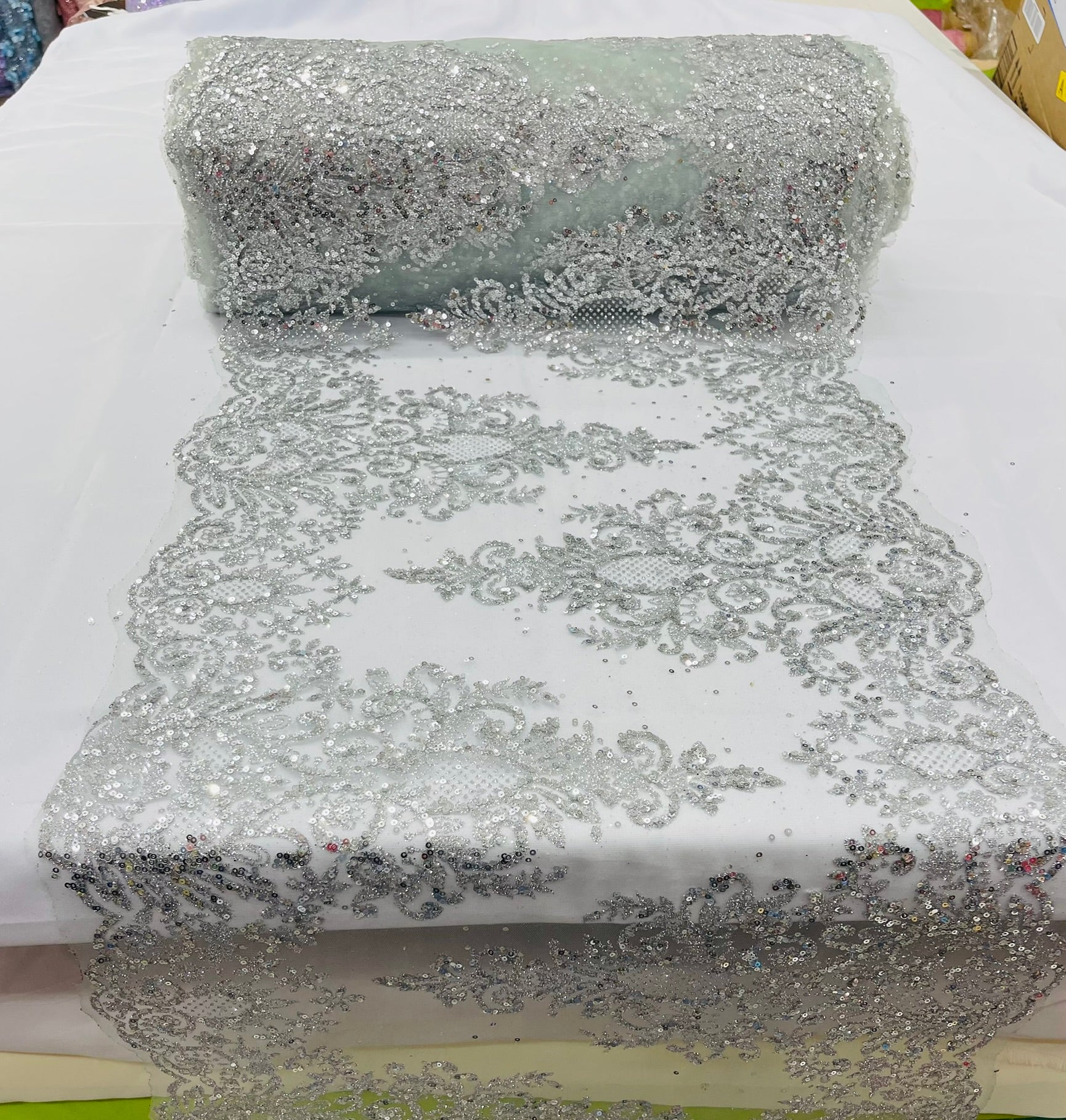 20" Wide Trim Glitter Damask Design On A Mesh Lace| Table Runner