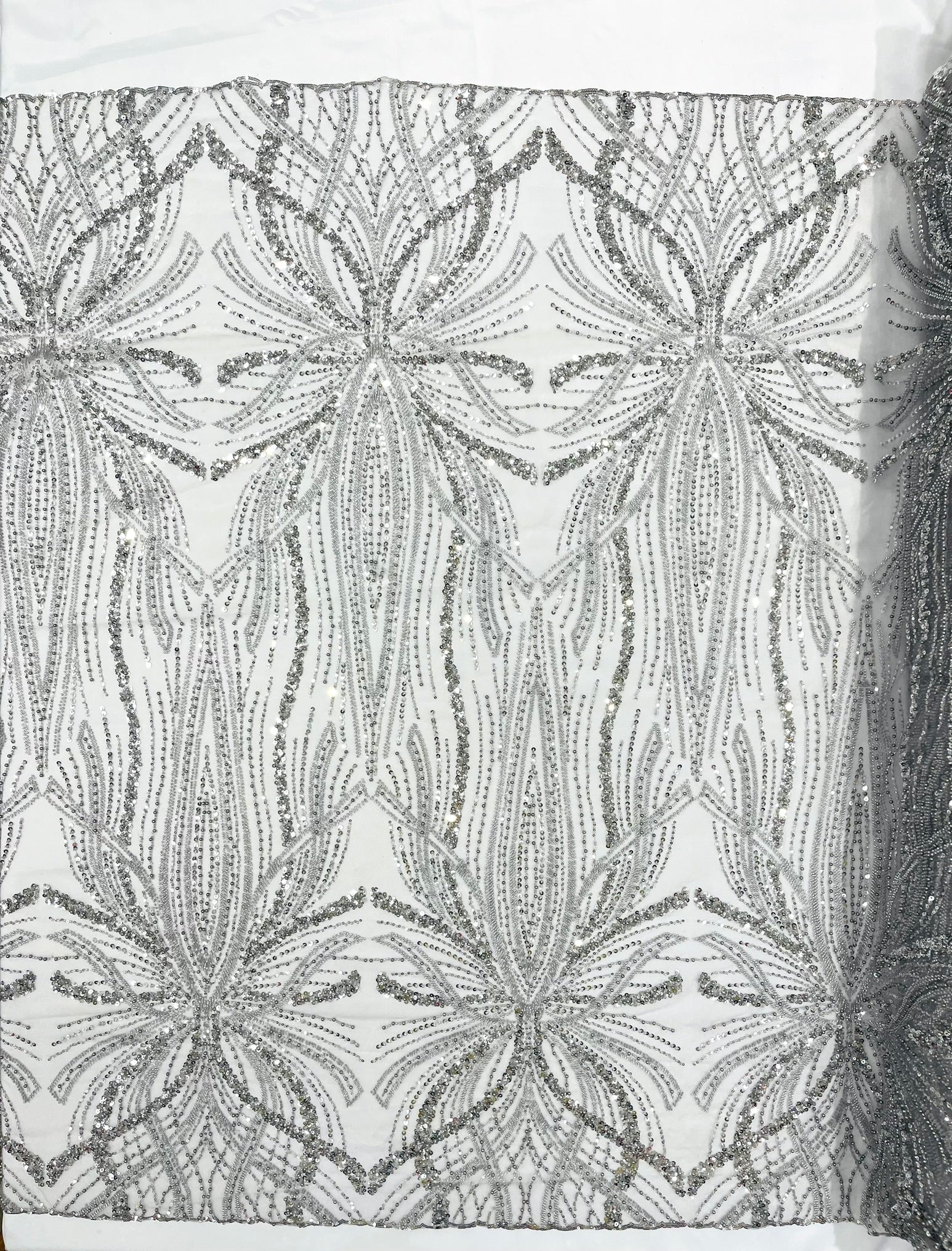 Palm Beaded Lace Fabric, Heavy Embroidered Design on 58" Mesh for Dresses