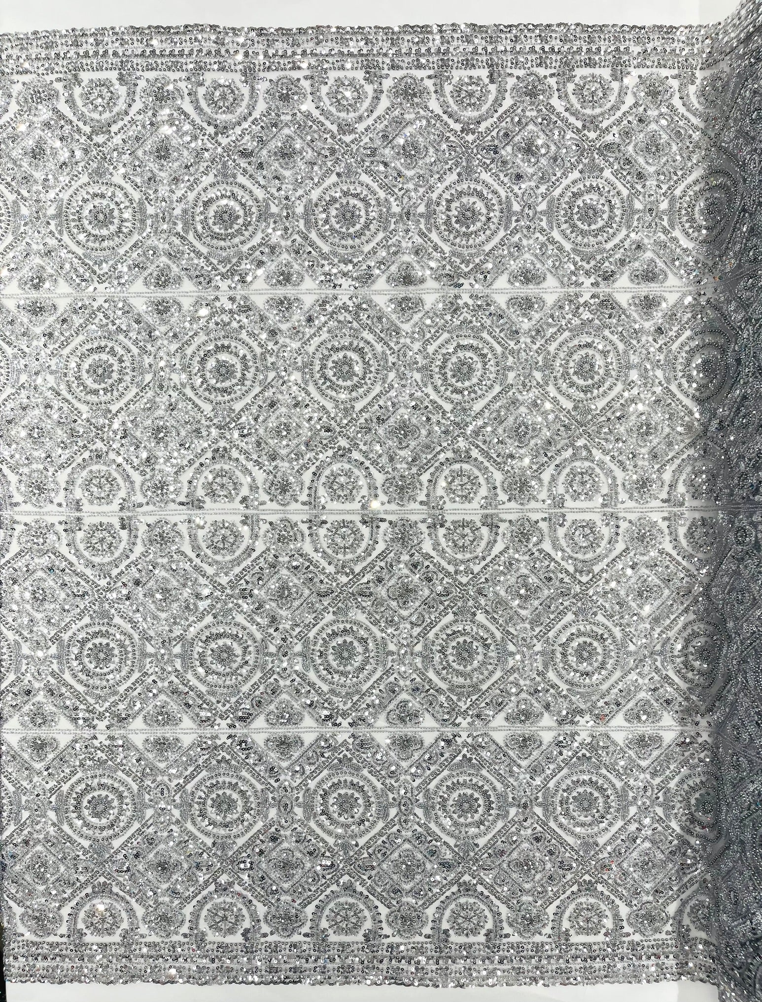 Geometric Beaded Lace Fabric, Heavy Embroidered Design on 58" Mesh for Dresses