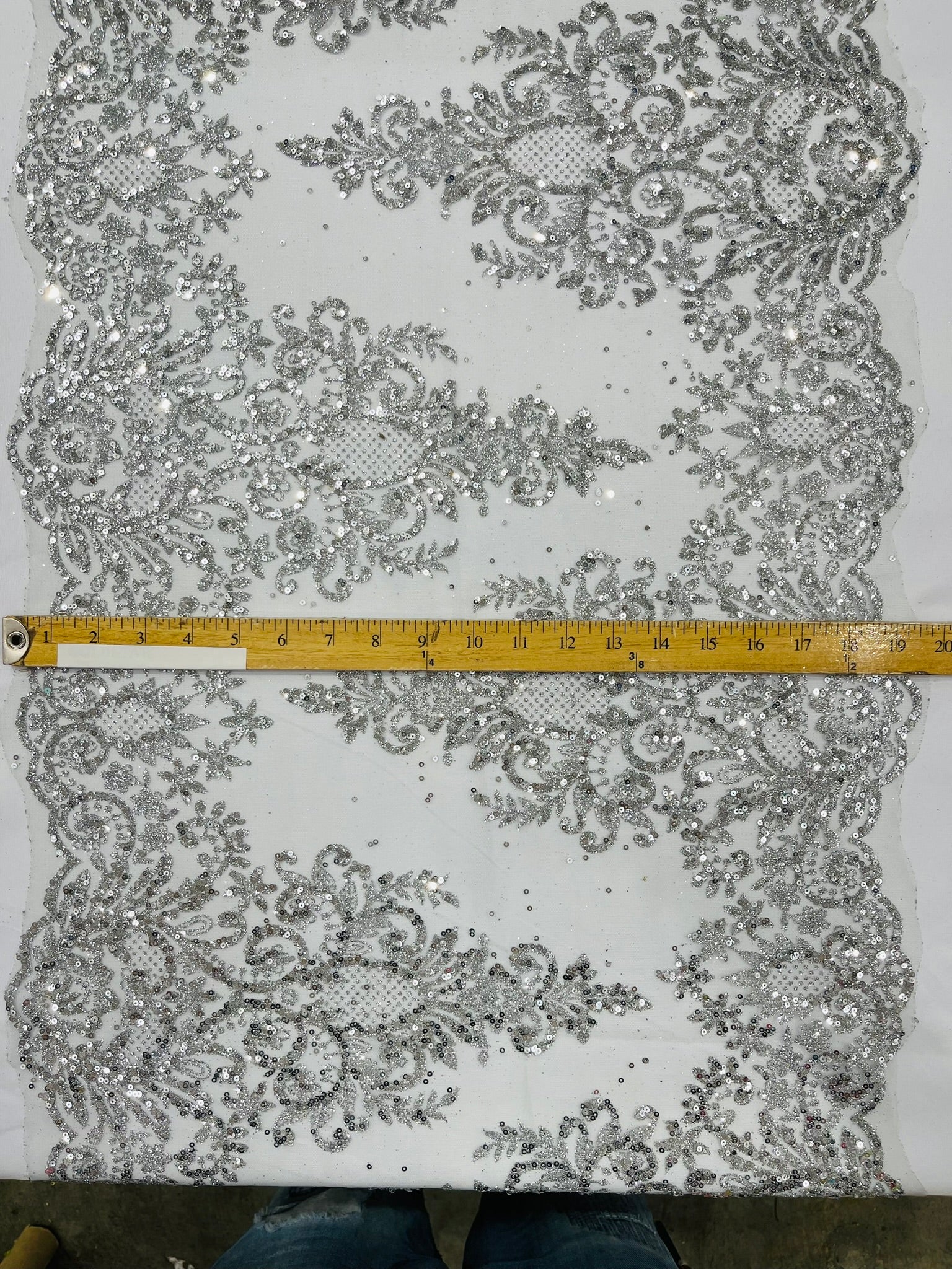 20" Wide Trim Glitter Damask Design On A Mesh Lace| Sold by the yard