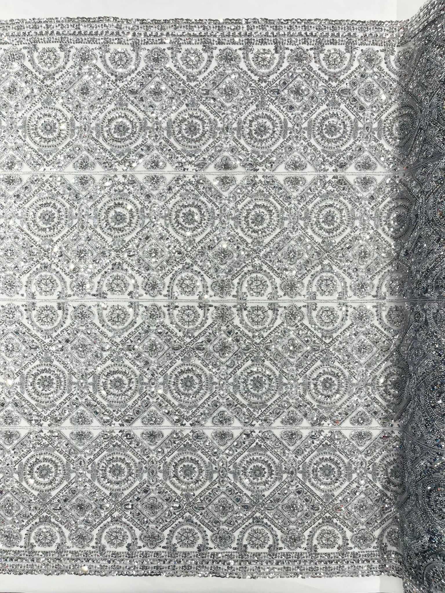 Geometric Beaded Lace Fabric, Heavy Embroidered Design on 58" Mesh for Dresses
