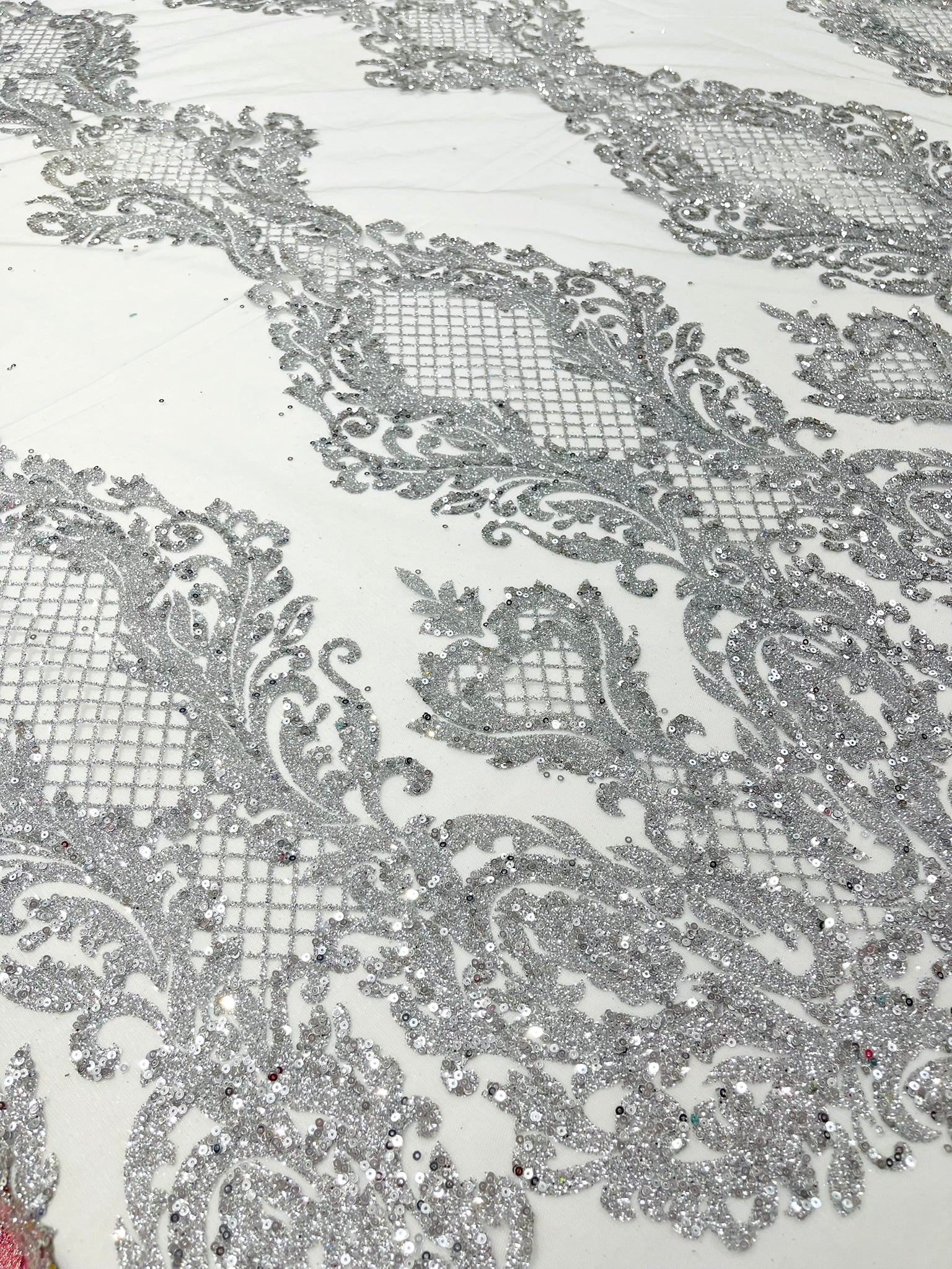Glitter Tower Damask Design Fabric| 58” Wide| Quinsiañera Dresses.
