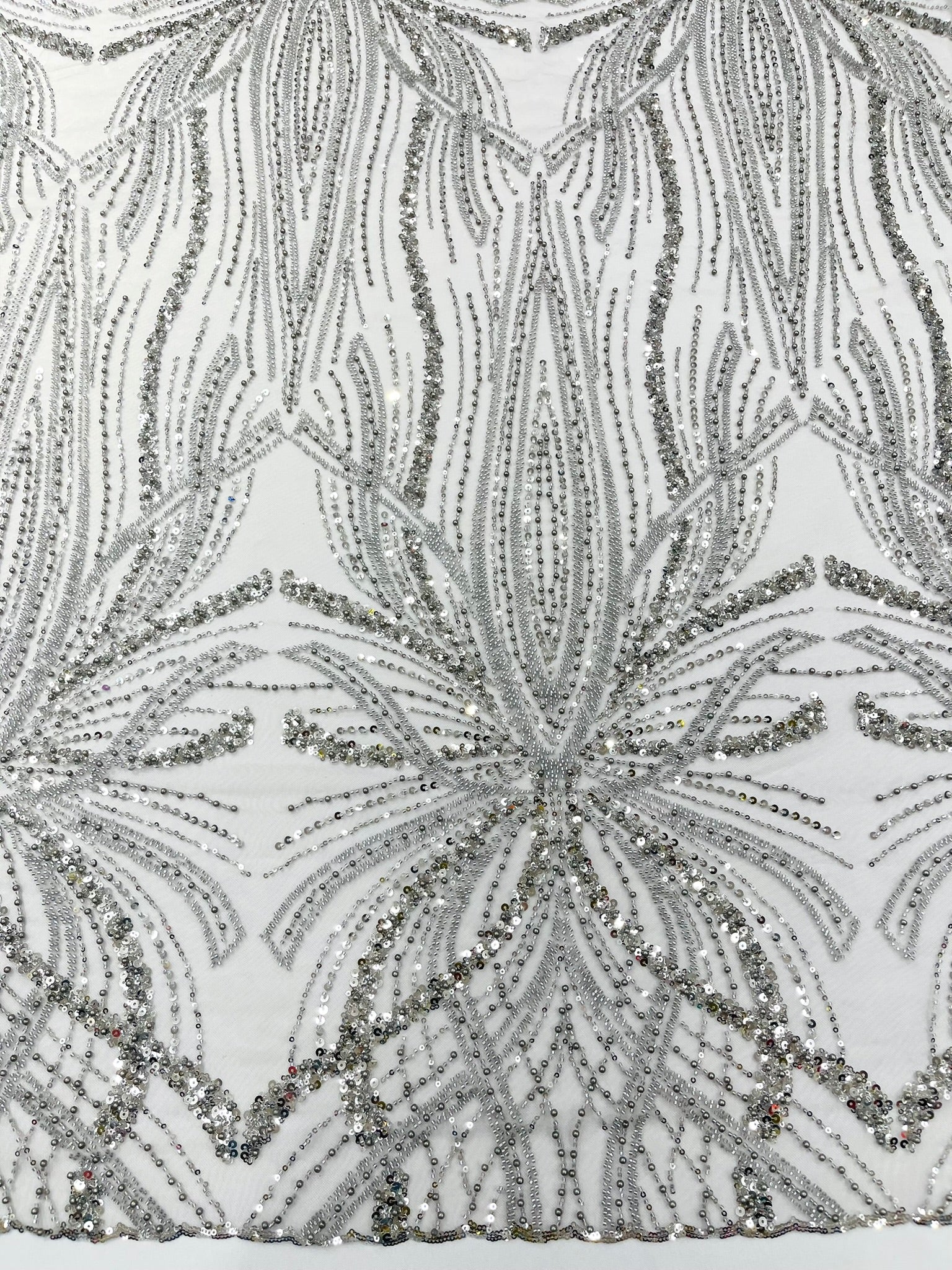 Palm Beaded Lace Fabric, Heavy Embroidered Design on 58" Mesh for Dresses
