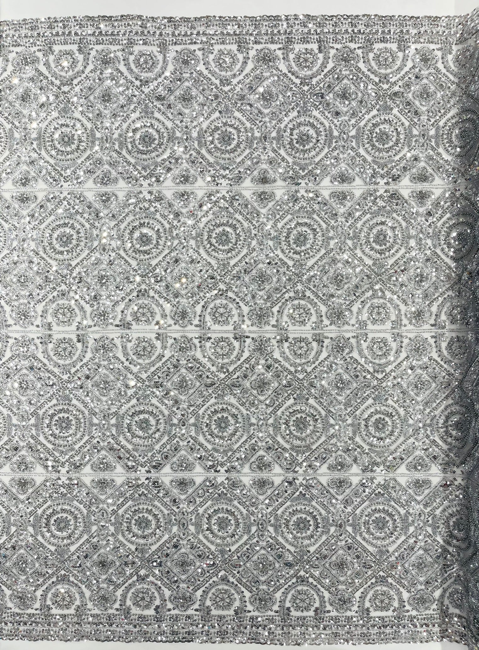 Geometric Beaded Lace Fabric, Heavy Embroidered Design on 58" Mesh for Dresses