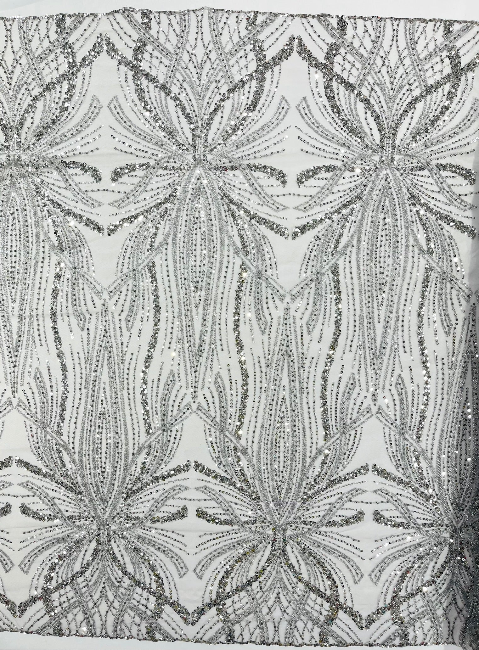 Palm Beaded Lace Fabric, Heavy Embroidered Design on 58" Mesh for Dresses