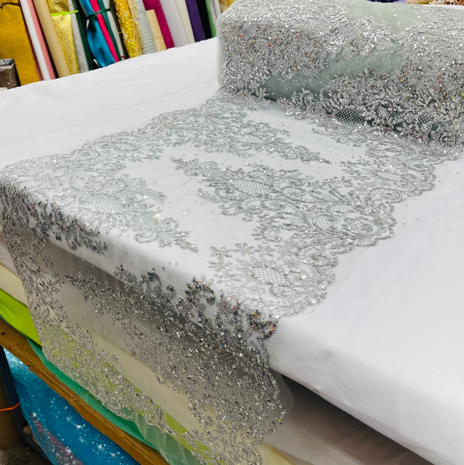 20" Wide Trim Glitter Damask Design On A Mesh Lace| Sold by the yard