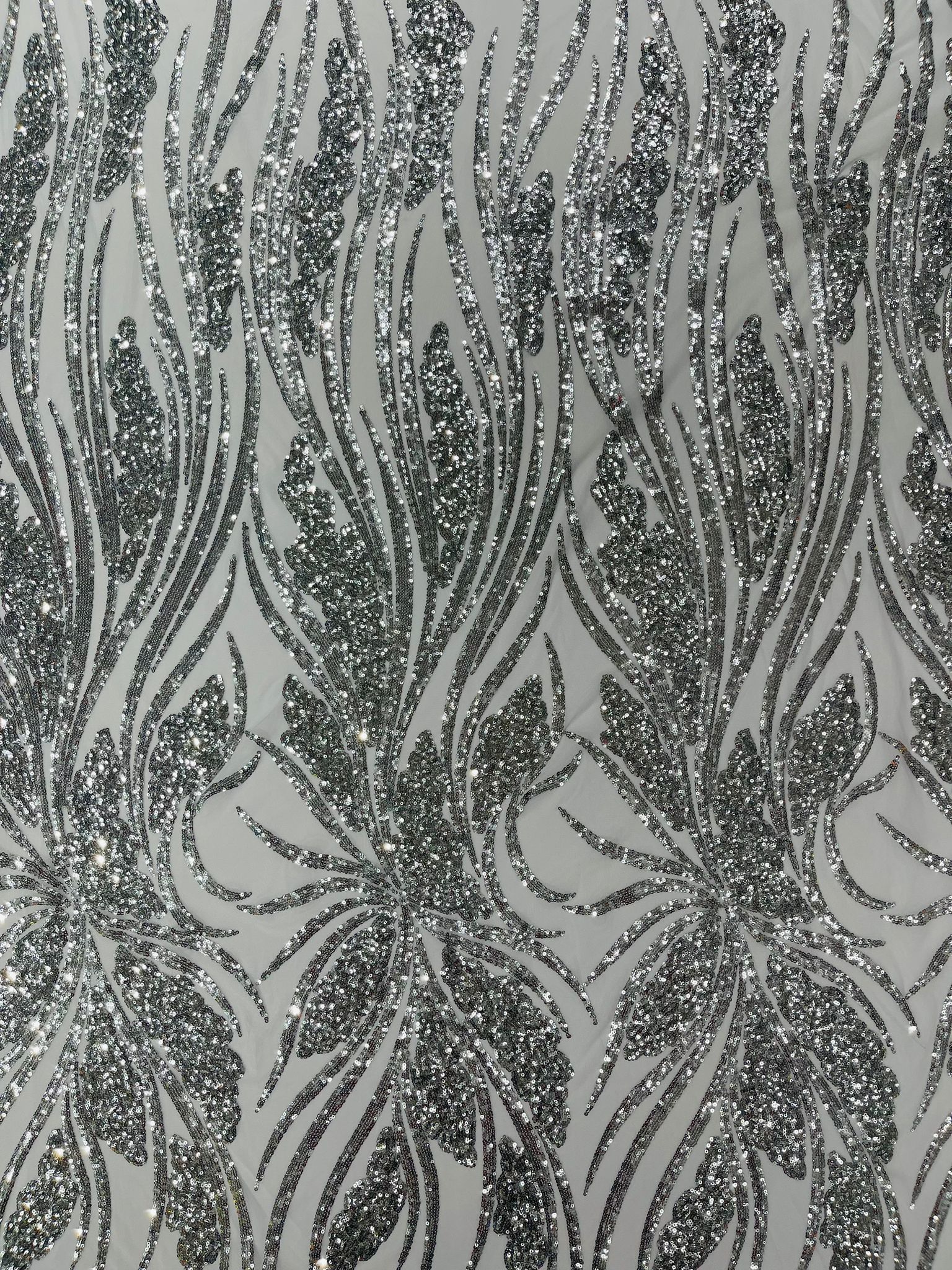 Feather damask shiny sequin design on a 4 way stretch White mesh Fabric-prom-sold by the yard.