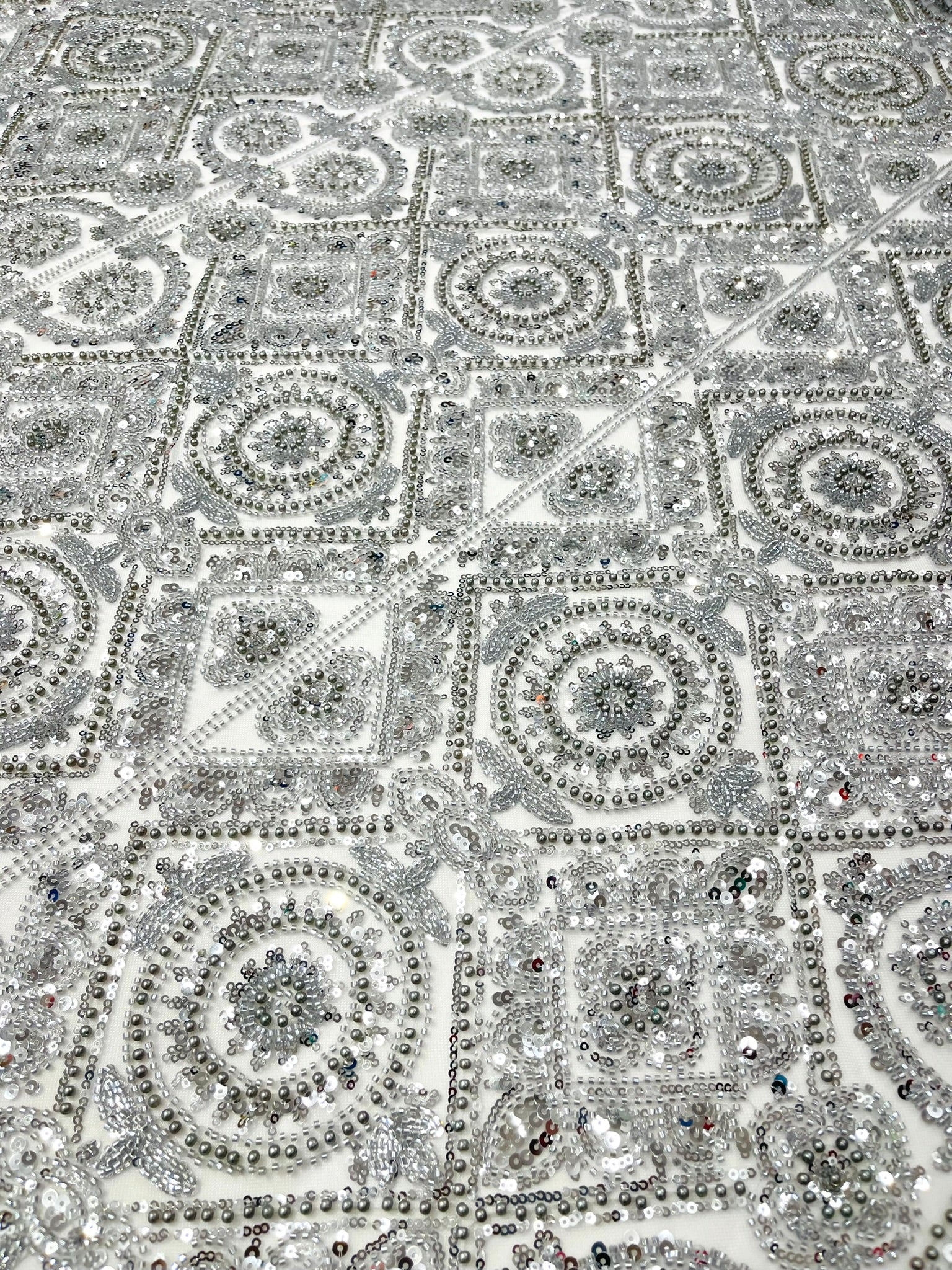 Geometric Beaded Lace Fabric, Heavy Embroidered Design on 58" Mesh for Dresses