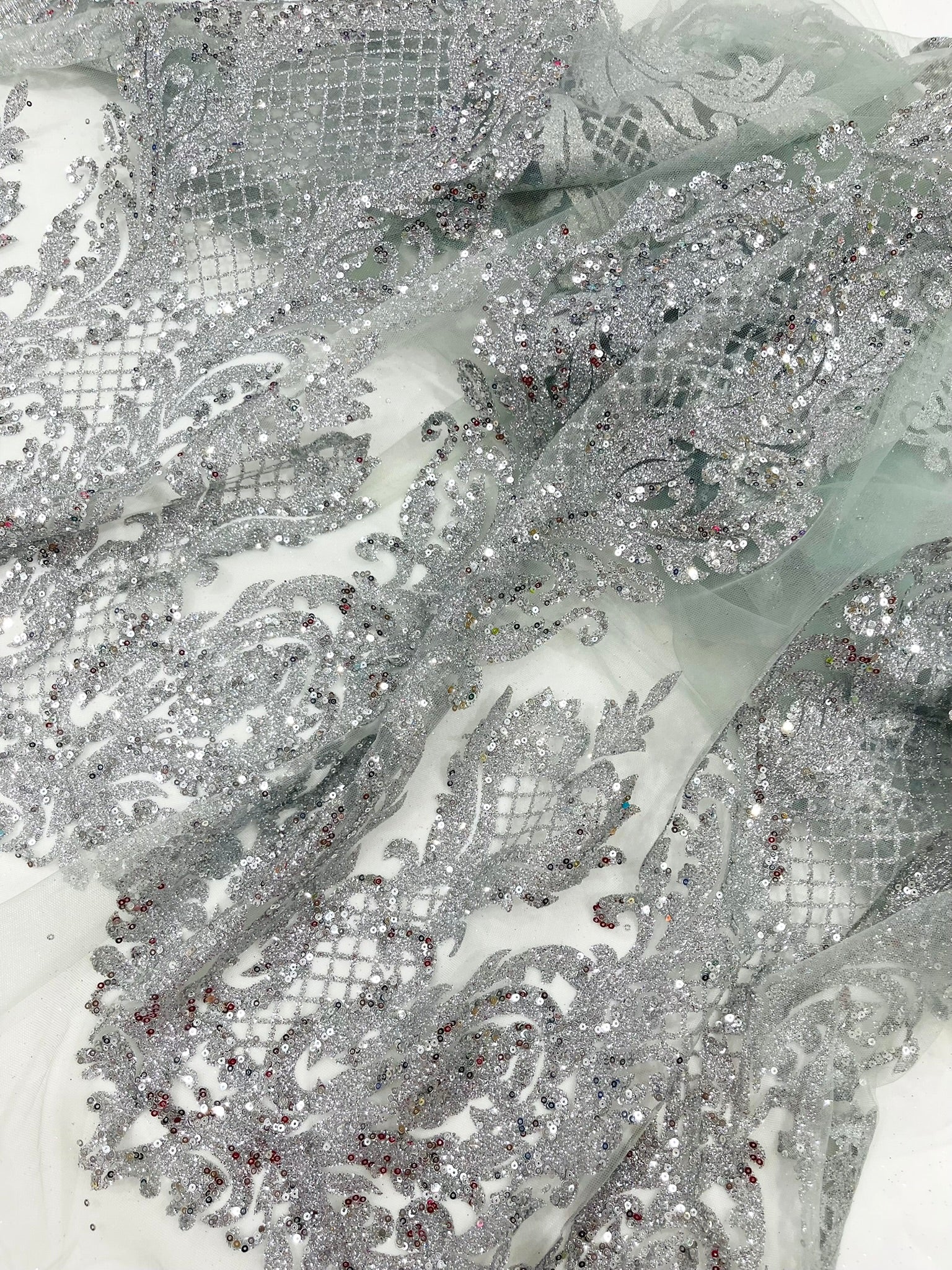 Glitter Tower Damask Design Fabric| 58” Wide| Quinsiañera Dresses.