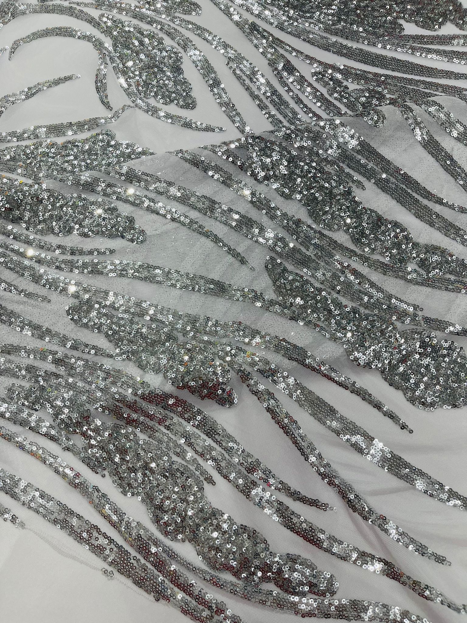 Feather damask shiny sequin design on a 4 way stretch White mesh Fabric-prom-sold by the yard.