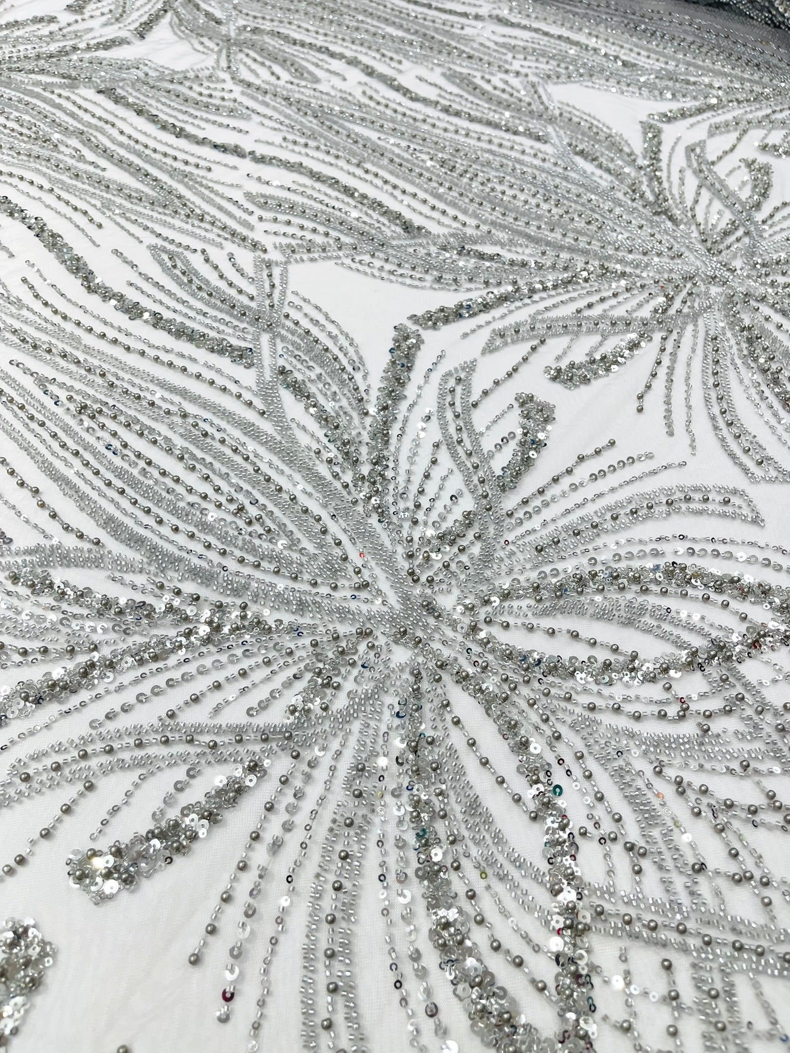 Palm Beaded Lace Fabric, Heavy Embroidered Design on 58" Mesh for Dresses