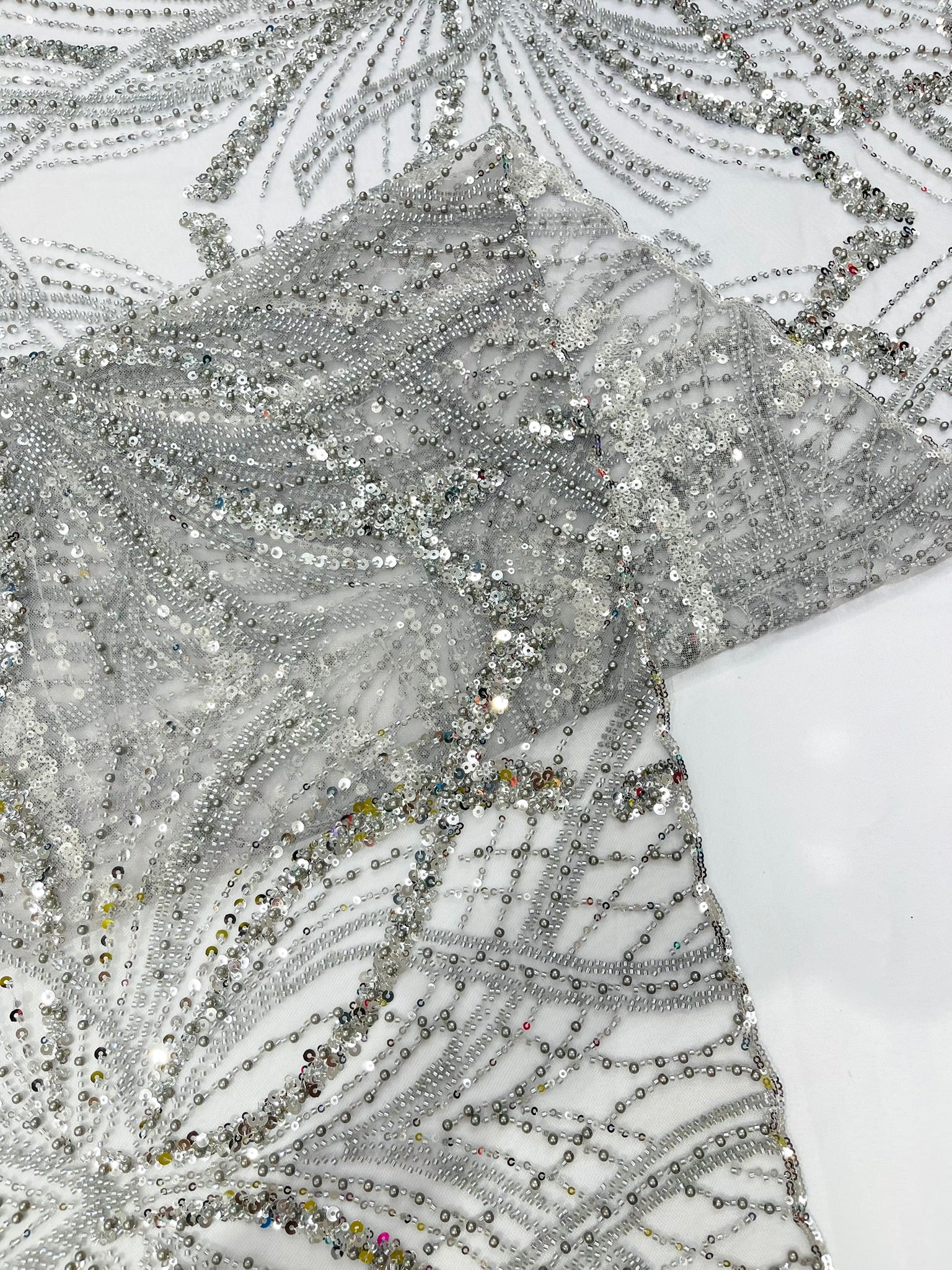 Palm Beaded Lace Fabric, Heavy Embroidered Design on 58" Mesh for Dresses