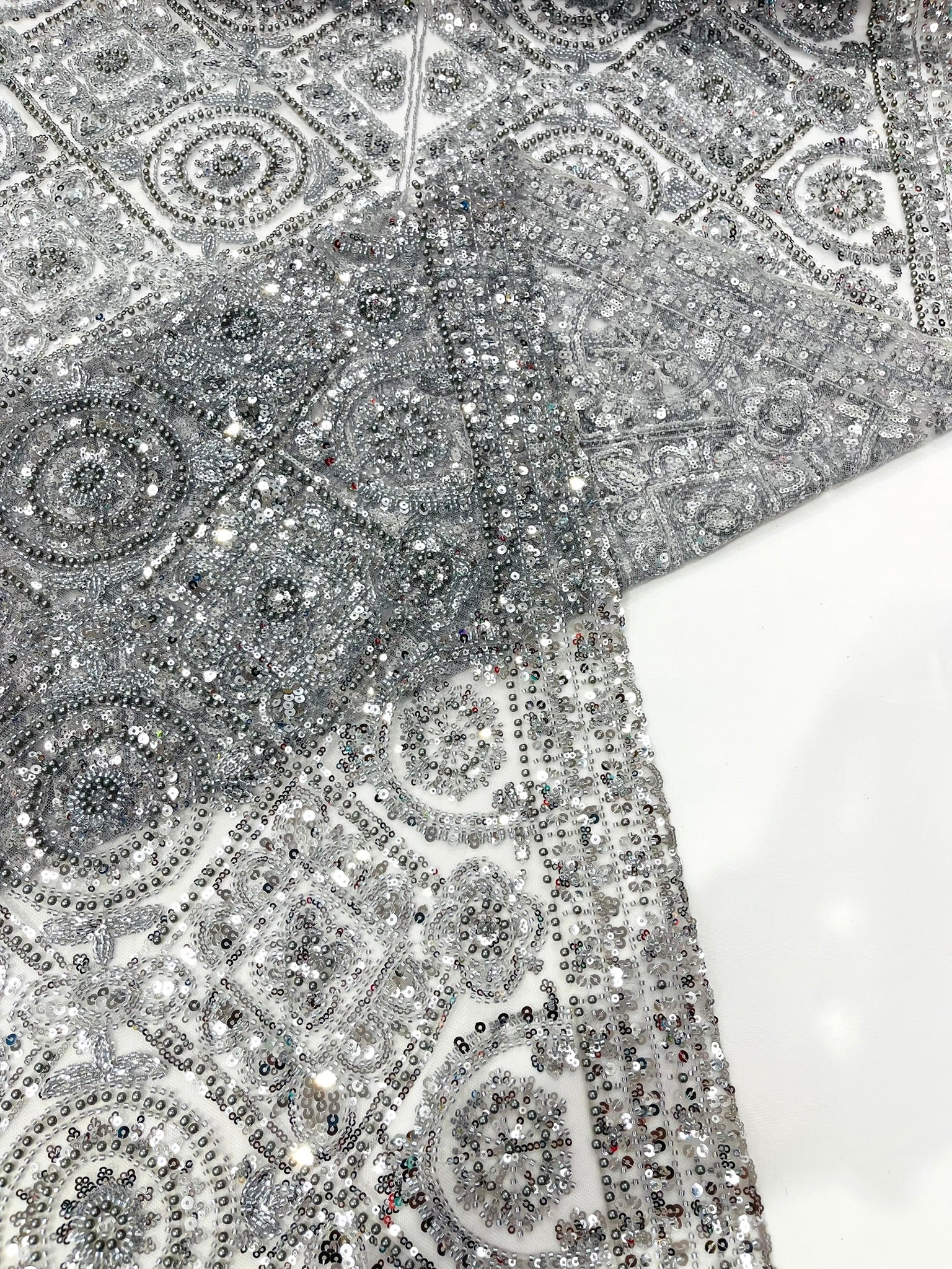 Geometric Beaded Lace Fabric, Heavy Embroidered Design on 58" Mesh for Dresses