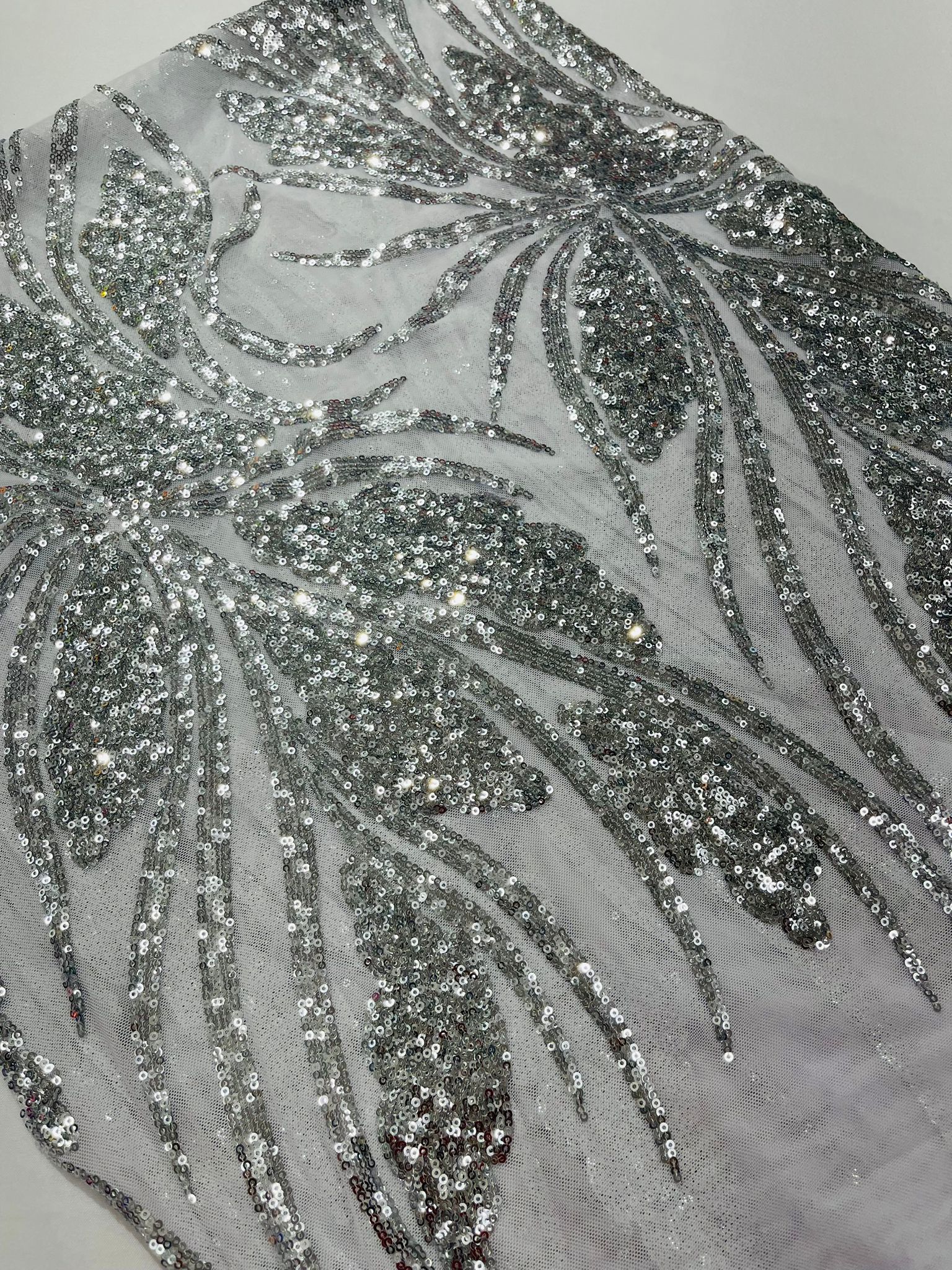 Feather damask shiny sequin design on a 4 way stretch White mesh Fabric-prom-sold by the yard.