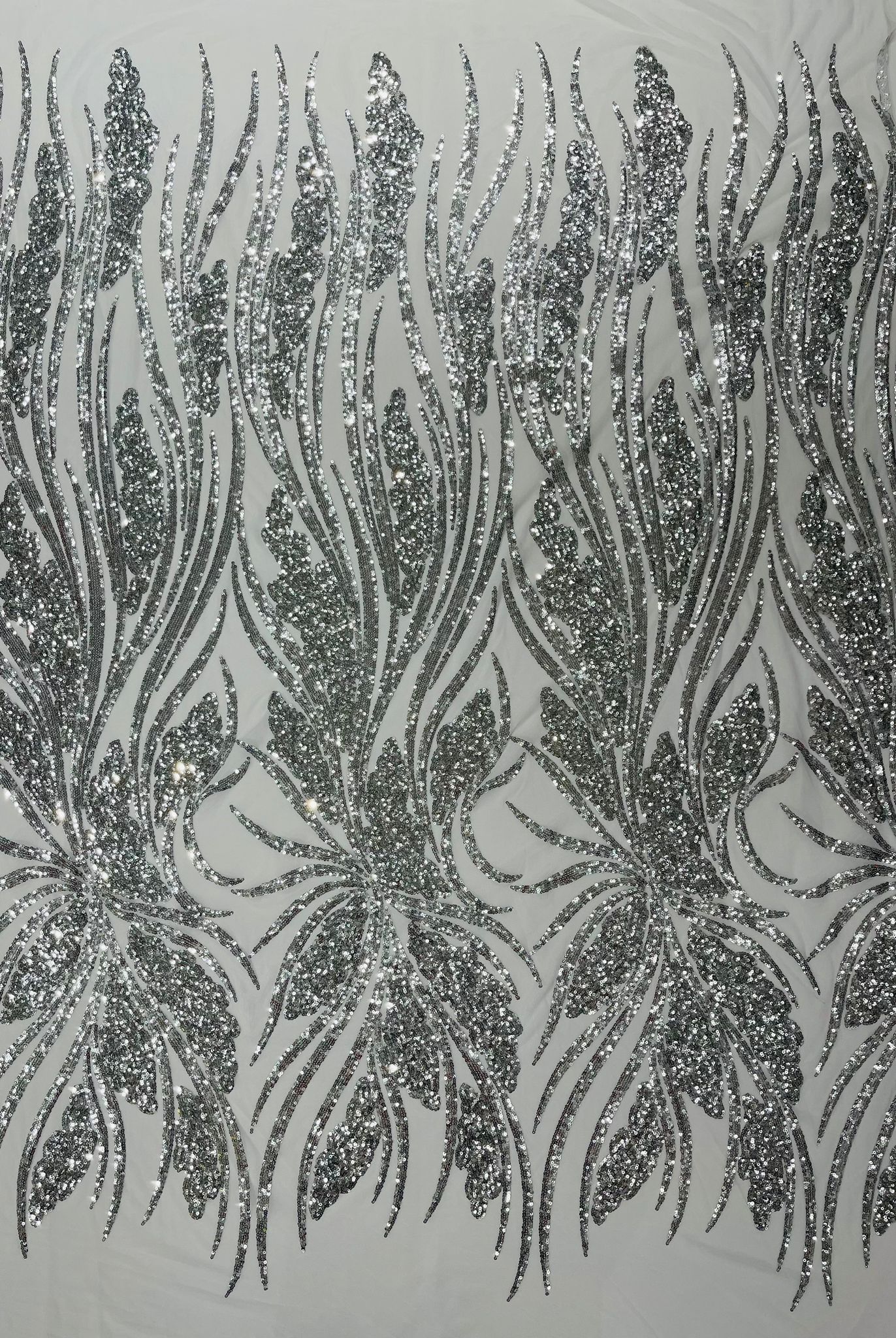 Feather damask shiny sequin design on a 4 way stretch White mesh Fabric-prom-sold by the yard.