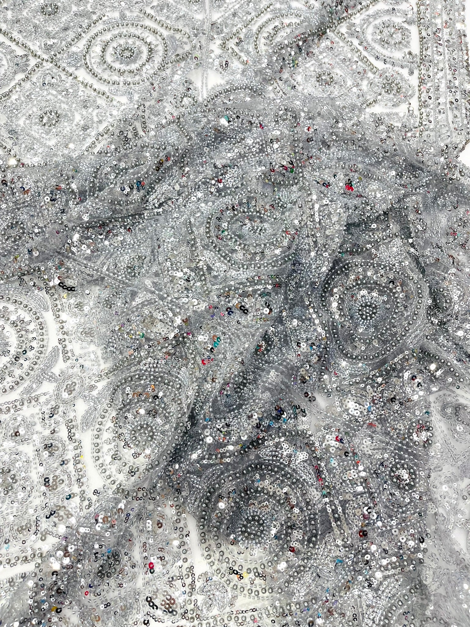 Geometric Beaded Lace Fabric, Heavy Embroidered Design on 58" Mesh for Dresses