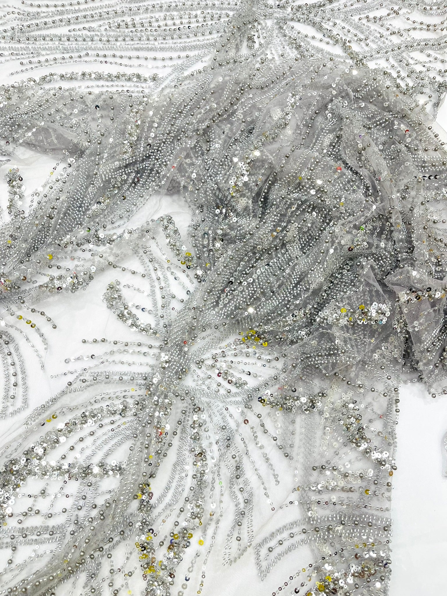 Palm Beaded Lace Fabric, Heavy Embroidered Design on 58" Mesh for Dresses