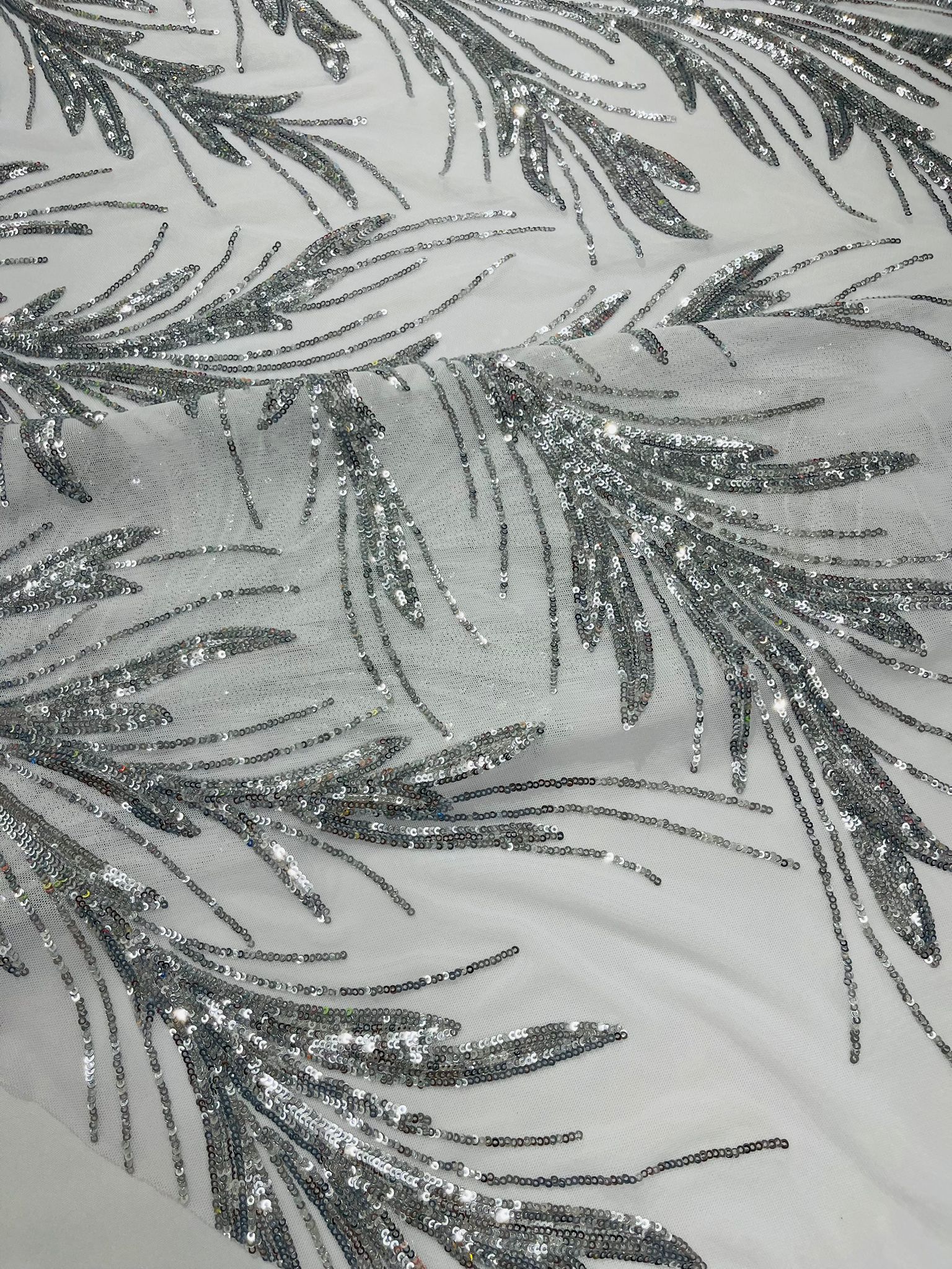 Feather Wing Shiny Sequin Design on a 4 Way Stretch mesh Fabric-Prom-Sold by The Yard.