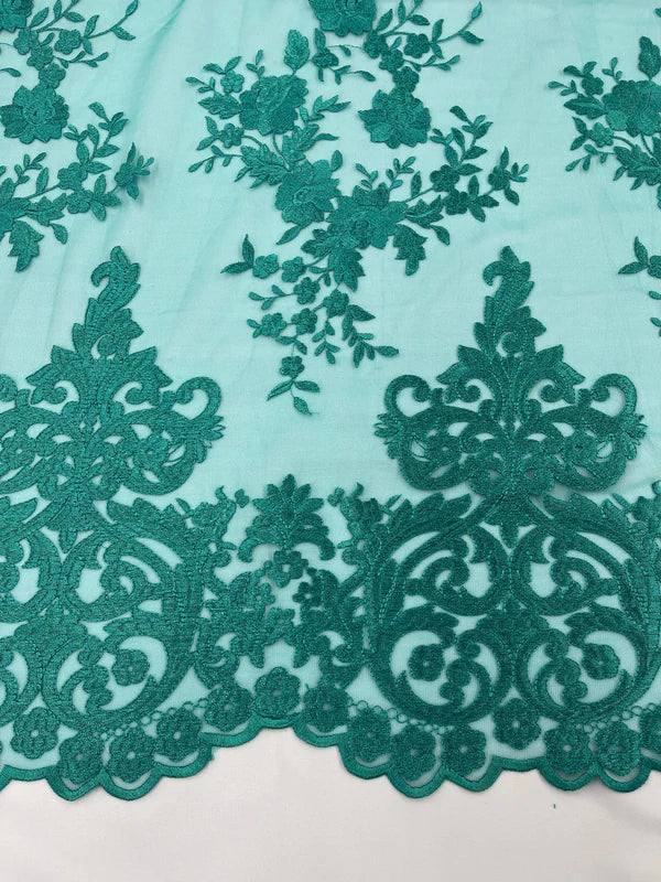 Damask Design Lace Fabric - Teal - Embroidered Damask Fancy Beautiful Design Lace Fabric By Yard