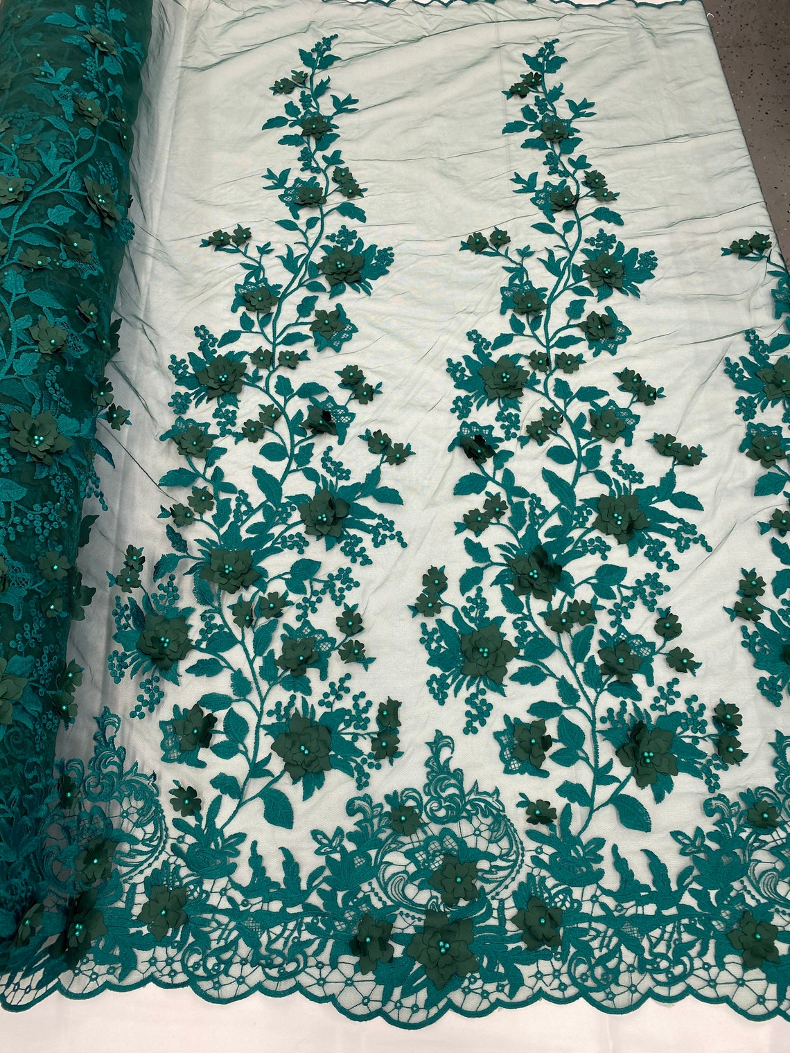 3D Floral Princess Fabric - Teal - Embroidered Floral Lace Fabric with 3D Flowers By Yard