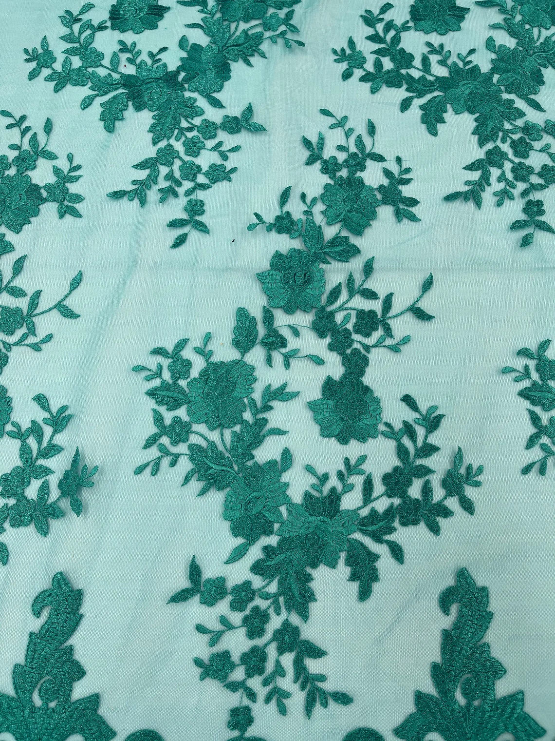 Damask Design Lace Fabric - Teal - Embroidered Damask Fancy Beautiful Design Lace Fabric By Yard