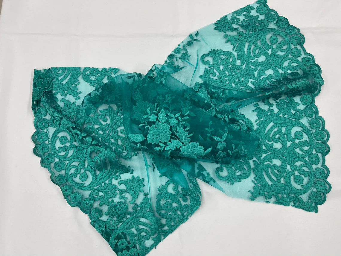 Damask Design Lace Fabric - Teal - Embroidered Damask Fancy Beautiful Design Lace Fabric By Yard