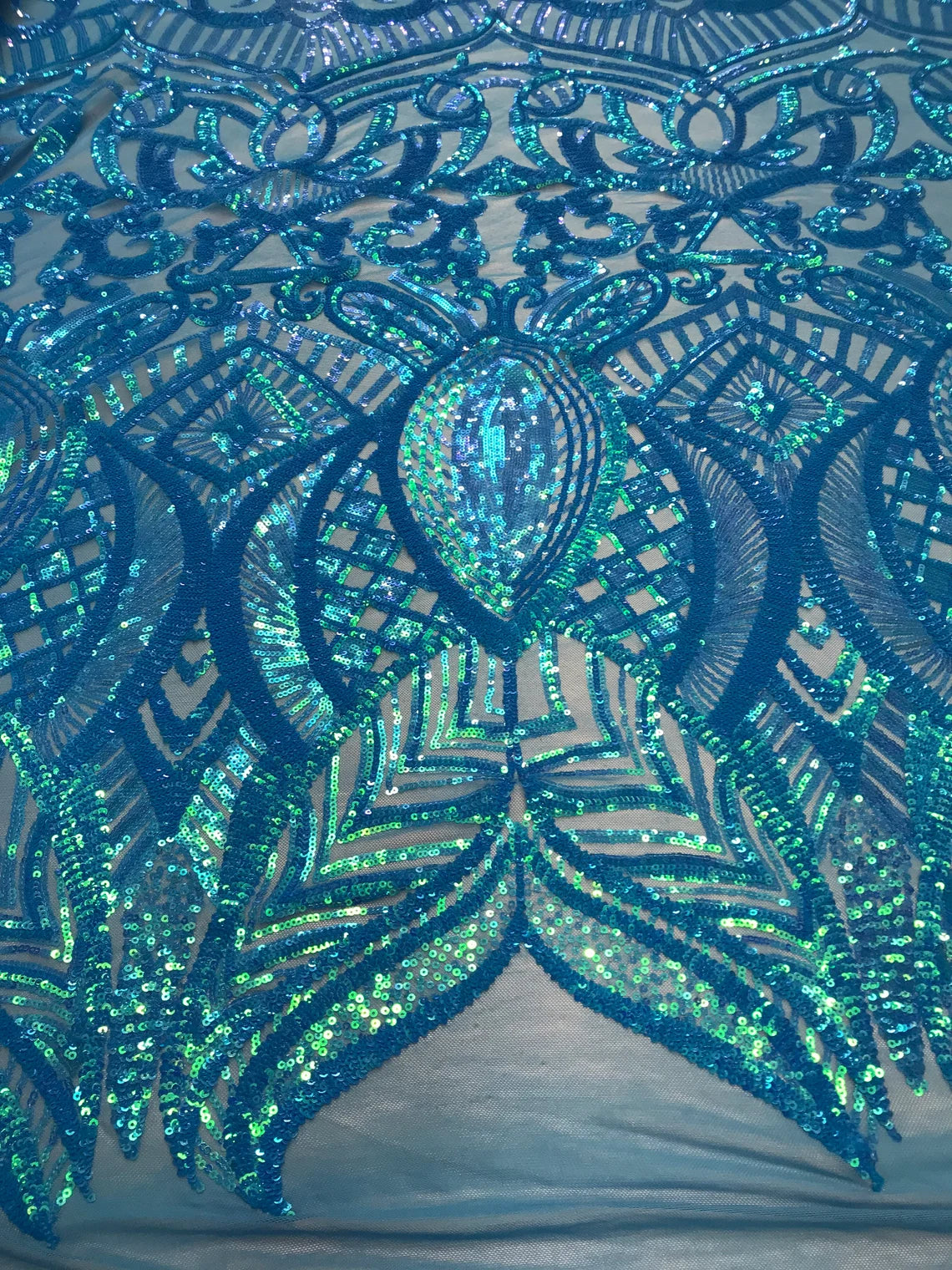 Royalty Damask Sequins Fabric - Turquoise Holographic - Fancy Royal Lace Design 4 Way Stretch Sequins By Yard