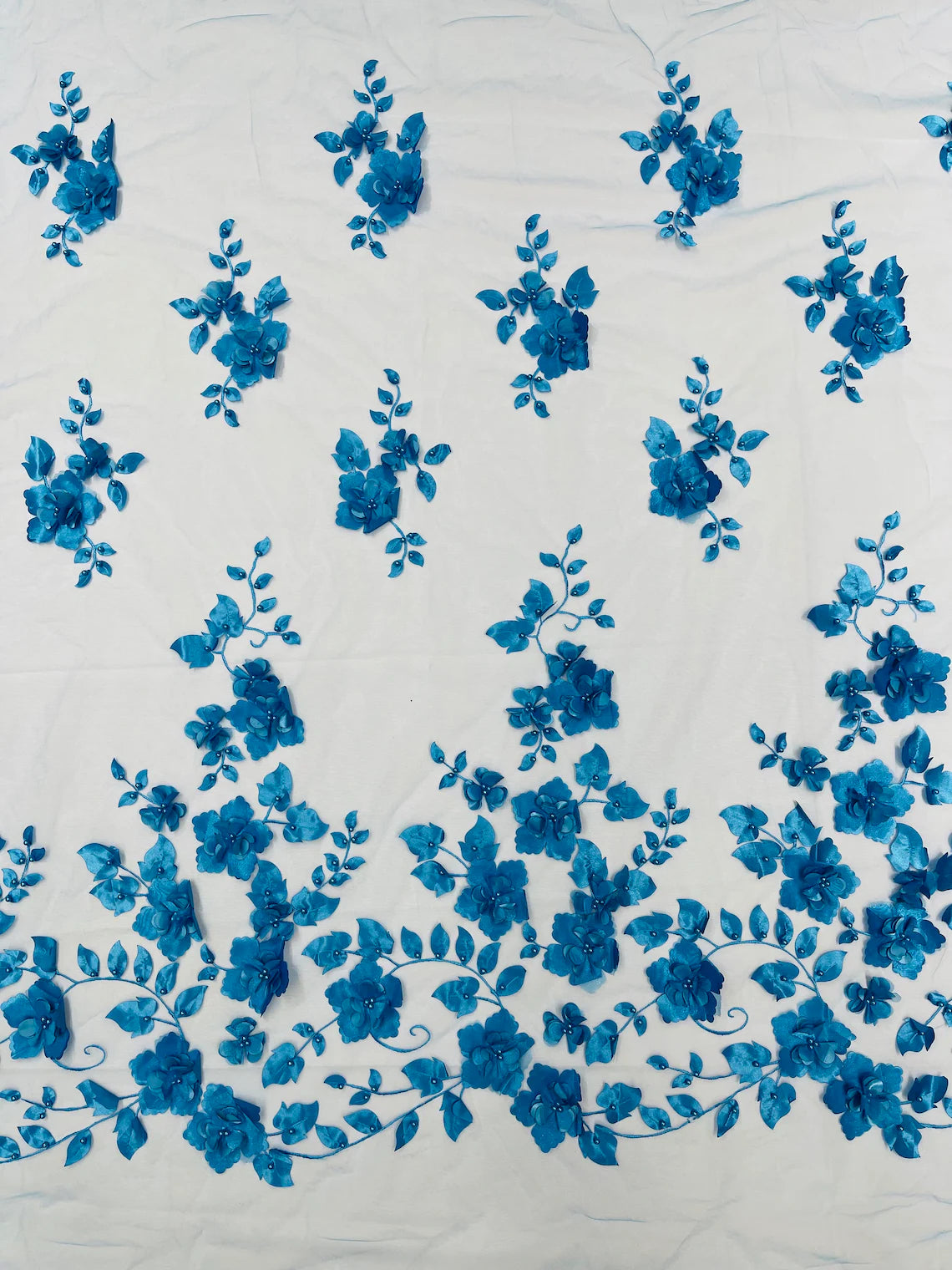 3D Flower Pearl Fabric - Turquoise - Embroidered Flowers Pearl Center Single Border Sold By Yard