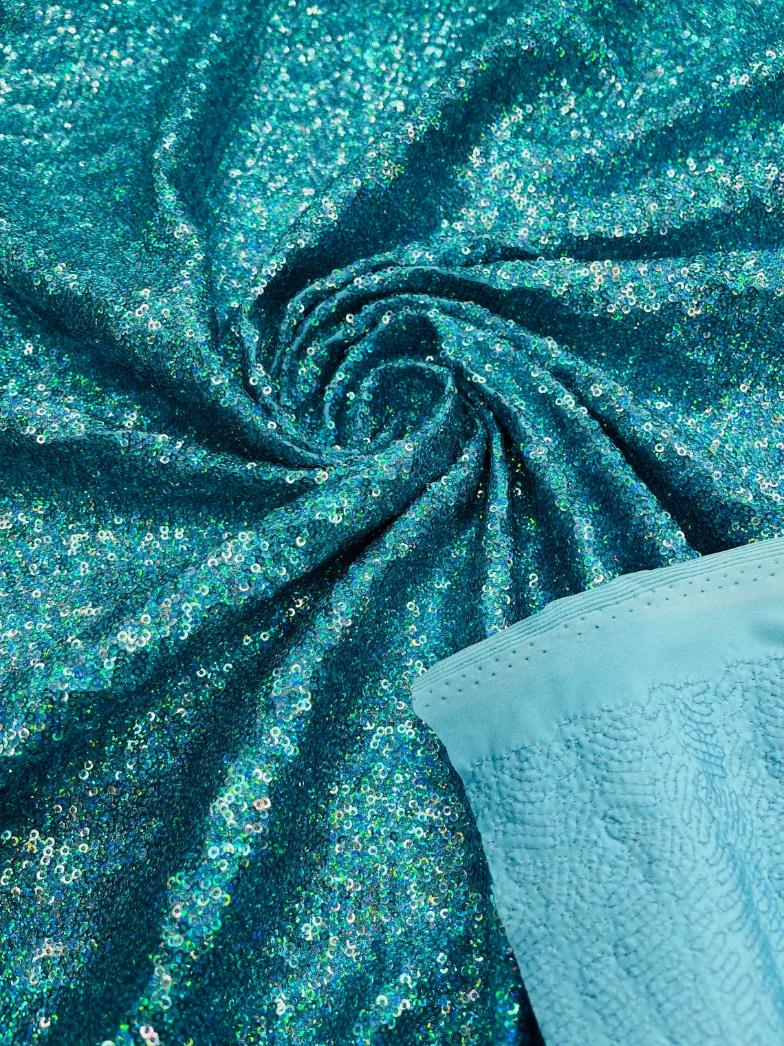 Mini Glitz Sequins on Milliskin - Turquoise - 4 Way Stretch Milliskin Stretch Spandex Fabric by Yard