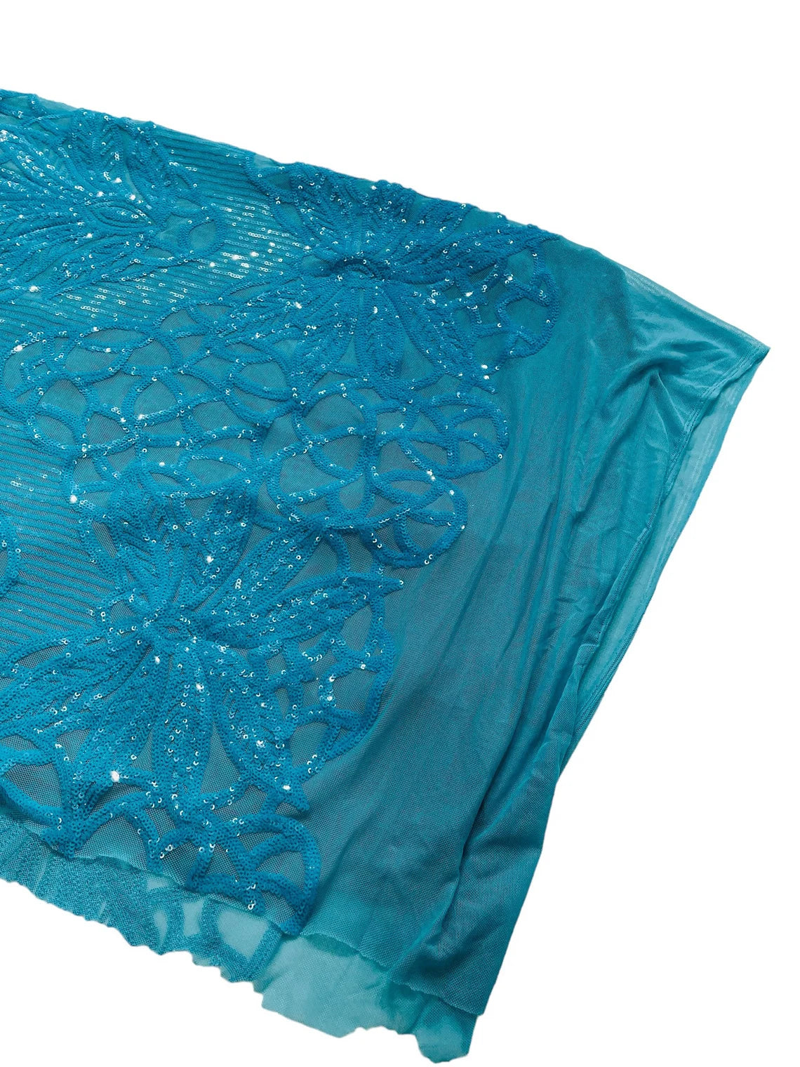 Gorgeous Star Leaf Fabric - Turquoise - Leaf Design Embroidered 4 Way Stretch Sequins Fabric By Yard