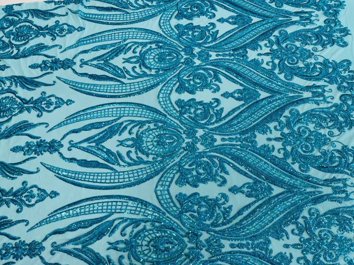 Big Damask 4 Way Sequins - Turquoise - Embroidered Damask Design Sequins Fabric Sold By Yard