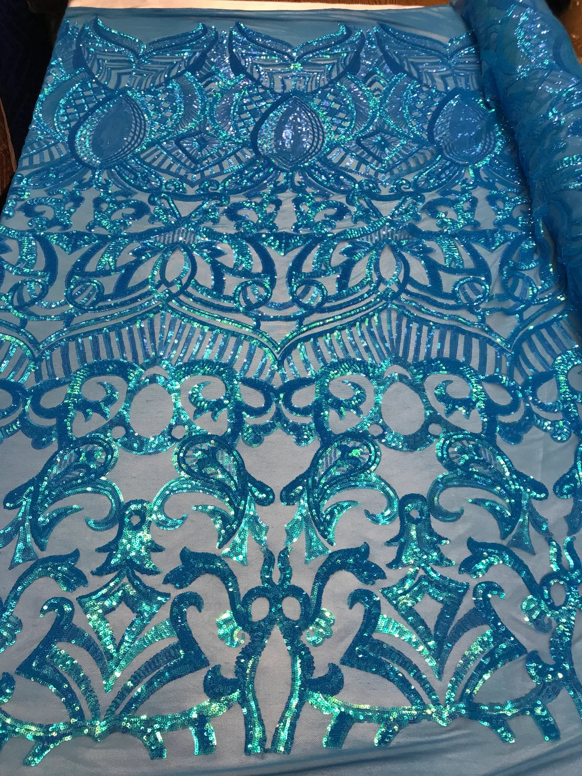 Royalty Damask Sequins Fabric - Turquoise Holographic - Fancy Royal Lace Design 4 Way Stretch Sequins By Yard