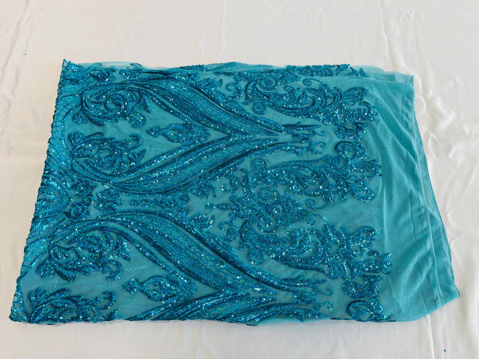 Big Damask 4 Way Sequins - Turquoise - Embroidered Damask Design Sequins Fabric Sold By Yard