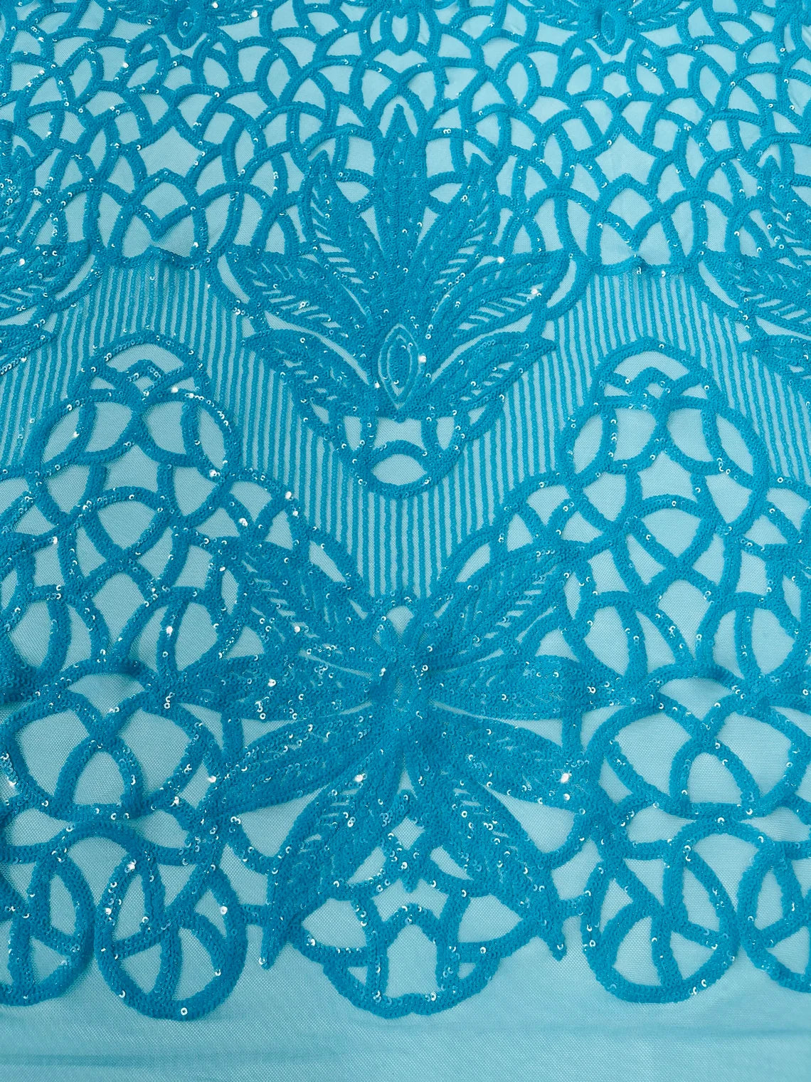 Gorgeous Star Leaf Fabric - Turquoise - Leaf Design Embroidered 4 Way Stretch Sequins Fabric By Yard