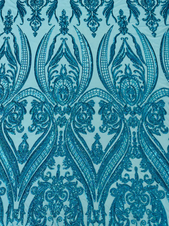 Big Damask 4 Way Sequins - Turquoise - Embroidered Damask Design Sequins Fabric Sold By Yard