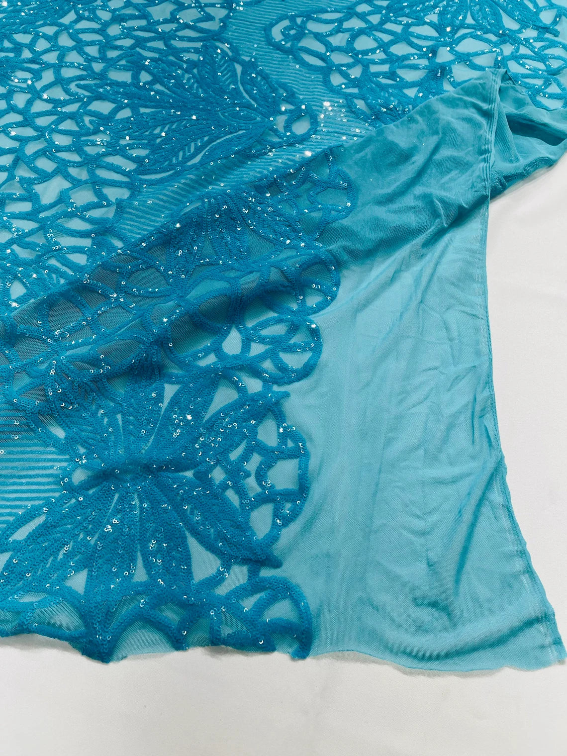 Gorgeous Star Leaf Fabric - Turquoise - Leaf Design Embroidered 4 Way Stretch Sequins Fabric By Yard