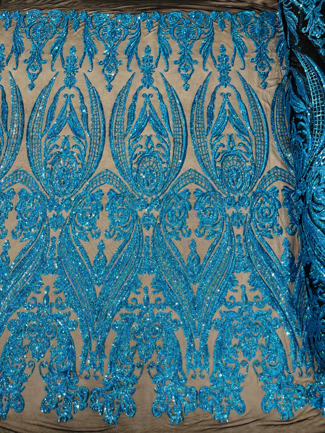 Big Damask 4 Way Sequins - Turquoise Holographic - Embroidered Damask Design Sequins Fabric Sold By Yard