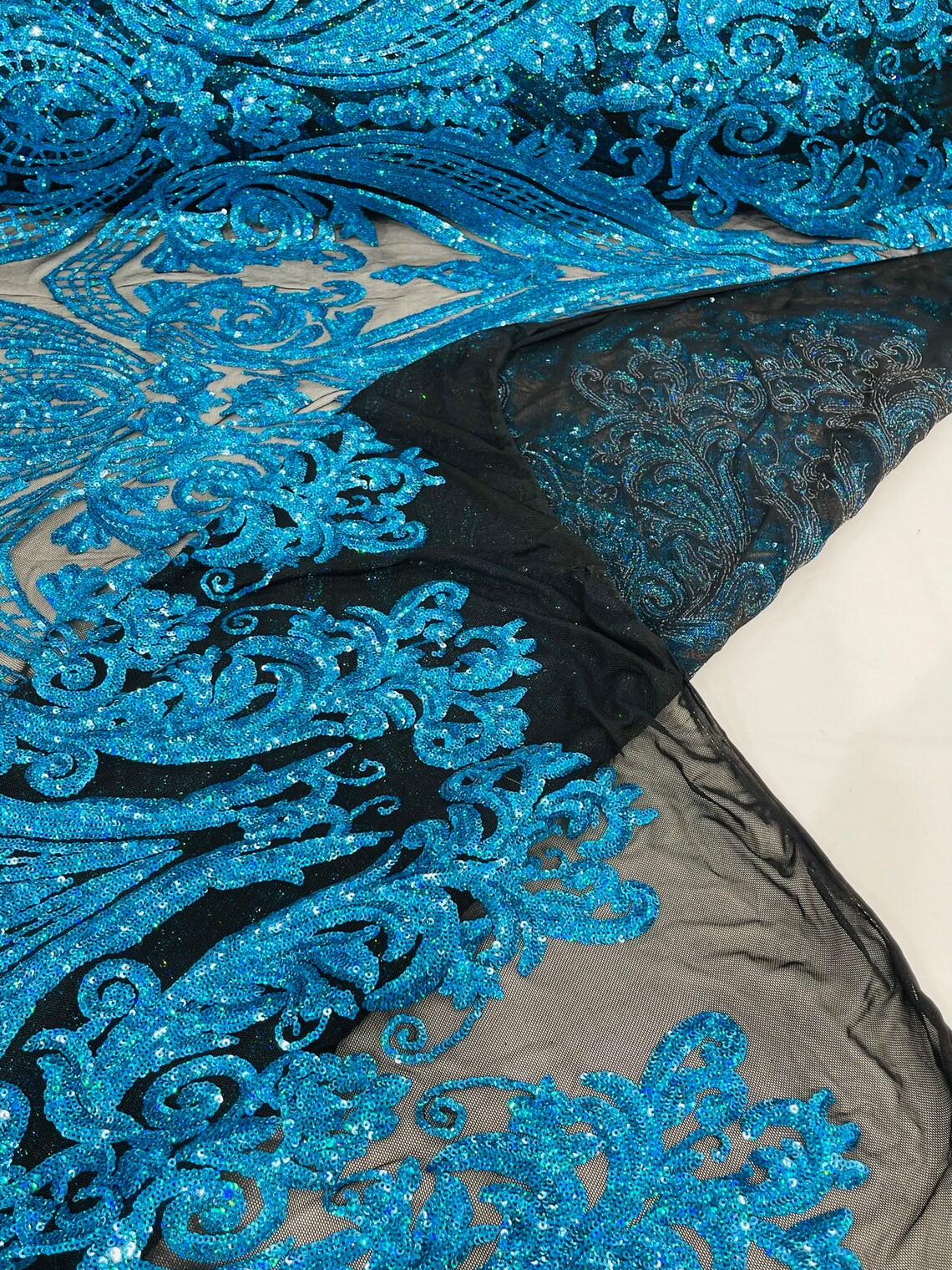 Big Damask 4 Way Sequins - Turquoise Holographic - Embroidered Damask Design Sequins Fabric Sold By Yard