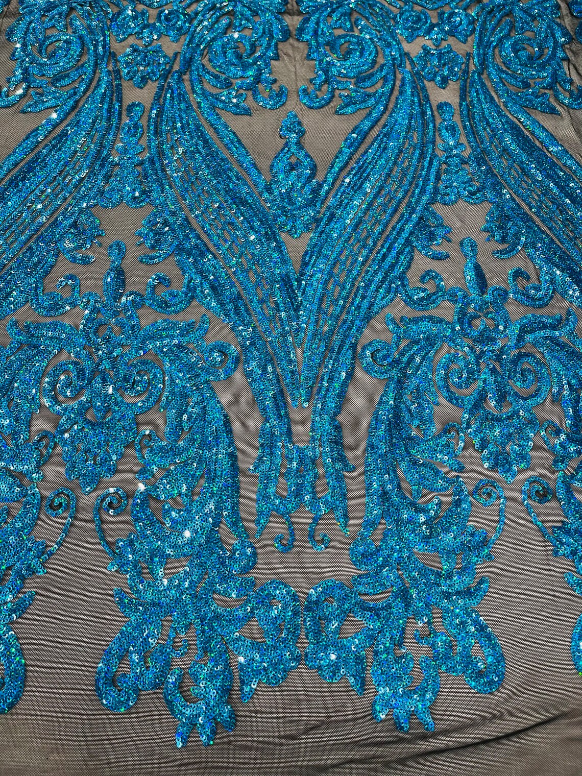 Big Damask 4 Way Sequins - Turquoise Holographic - Embroidered Damask Design Sequins Fabric Sold By Yard