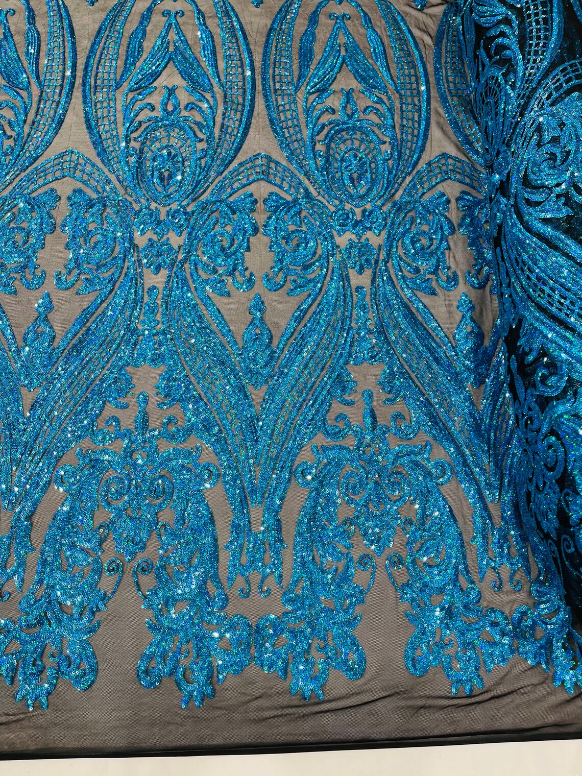 Big Damask 4 Way Sequins - Turquoise Holographic - Embroidered Damask Design Sequins Fabric Sold By Yard