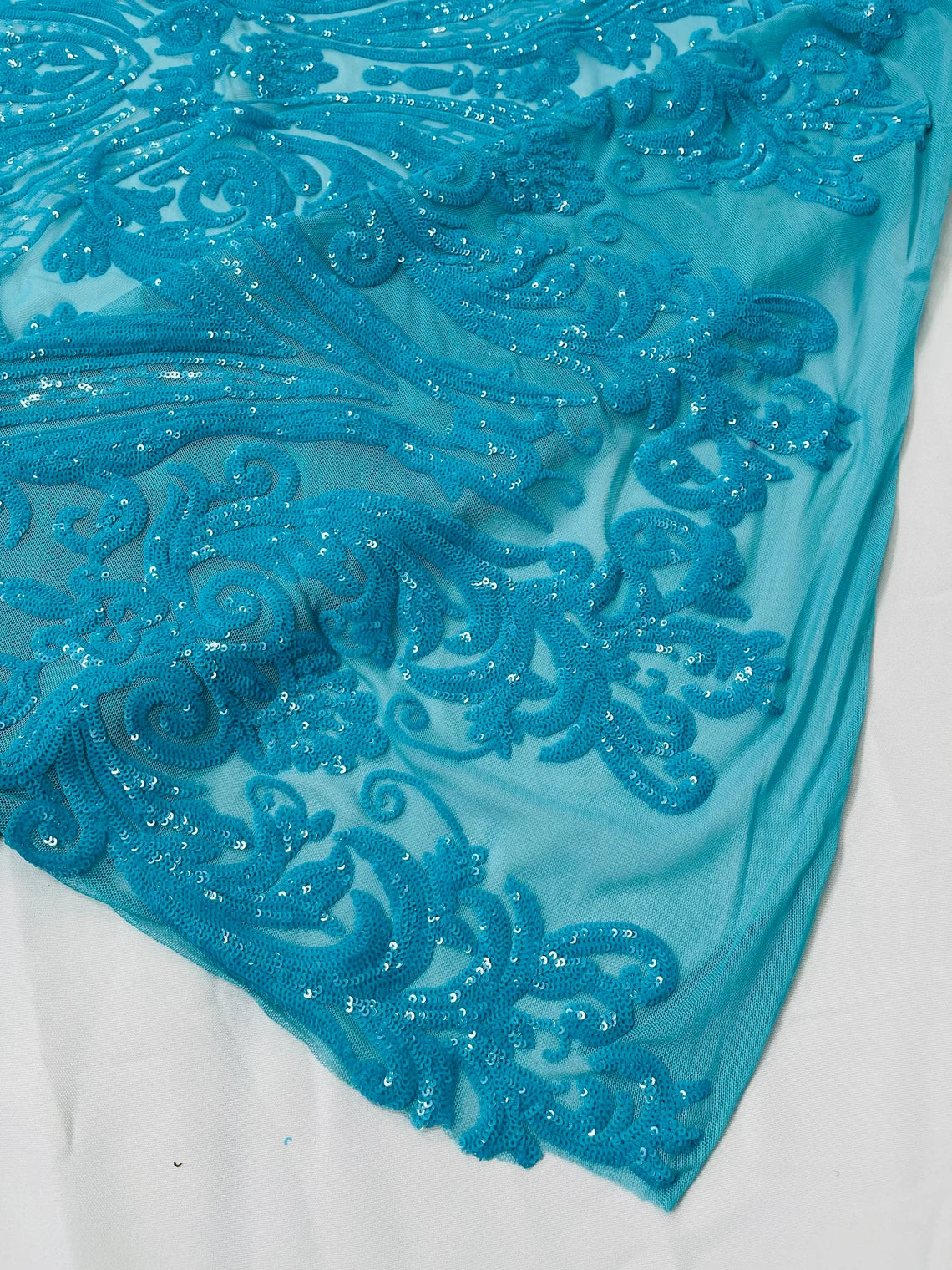 Big Damask 4 Way Sequins - Turquoise New - Embroidered Damask Design Sequins Fabric Sold By Yard