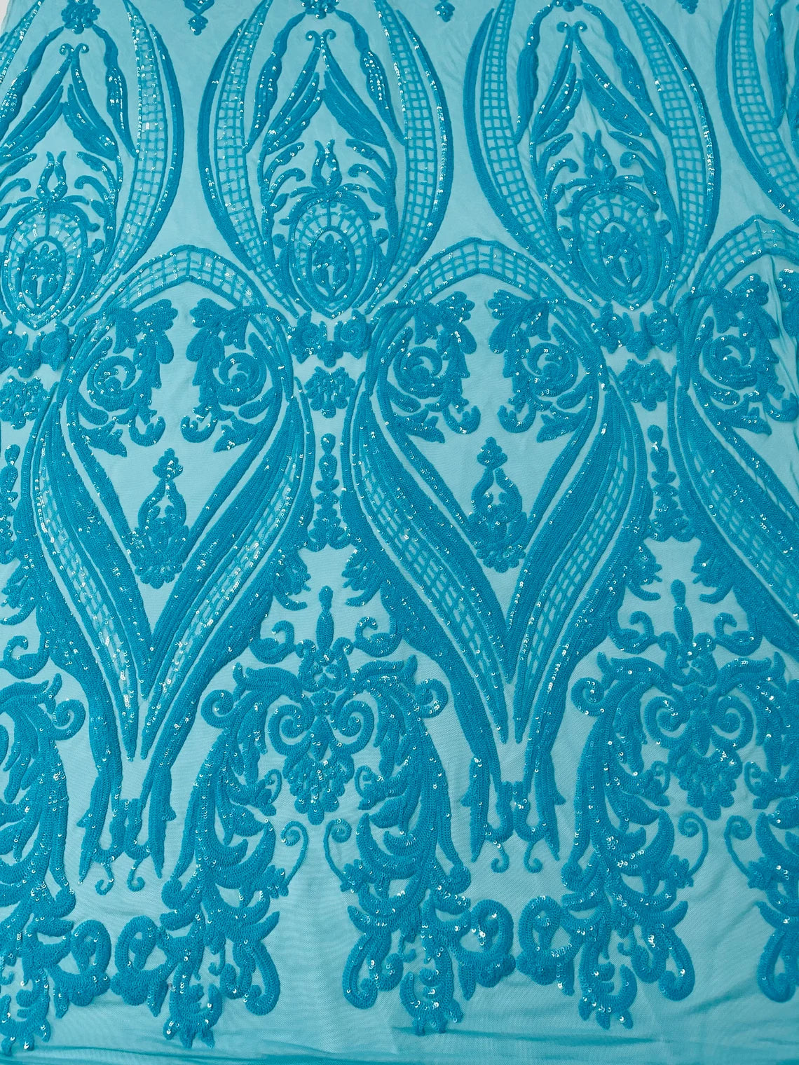 Big Damask 4 Way Sequins - Turquoise New - Embroidered Damask Design Sequins Fabric Sold By Yard