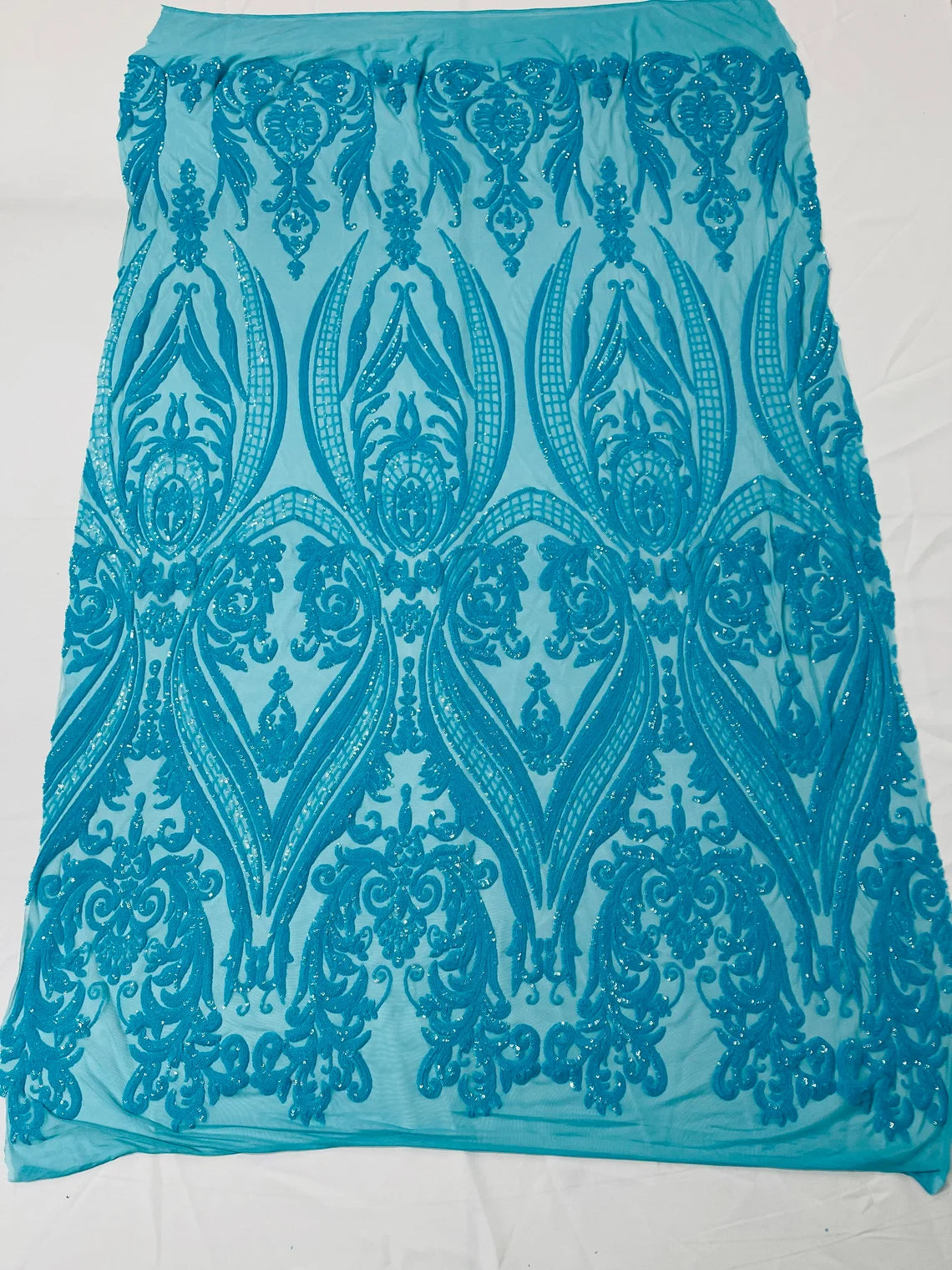 Big Damask 4 Way Sequins - Turquoise New - Embroidered Damask Design Sequins Fabric Sold By Yard