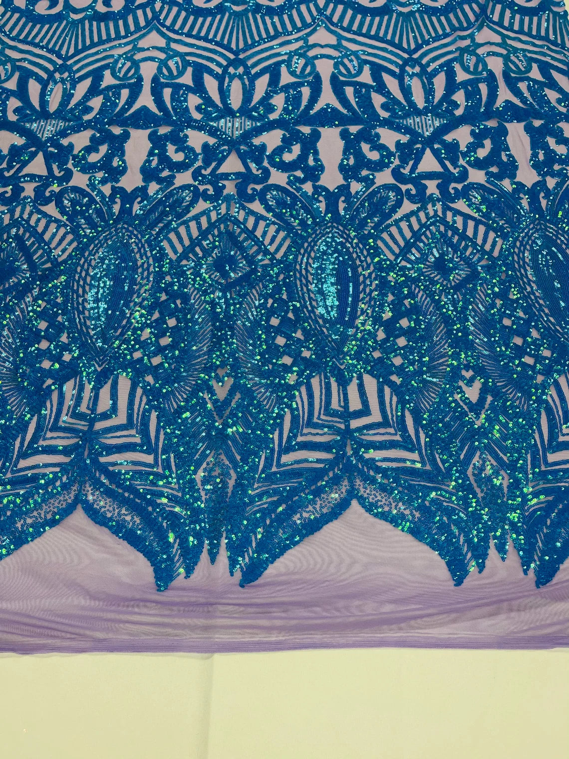 Royalty Damask Sequins Fabric - Turquoise on Lilac - Fancy Royal Lace Design 4 Way Stretch Sequins By Yard