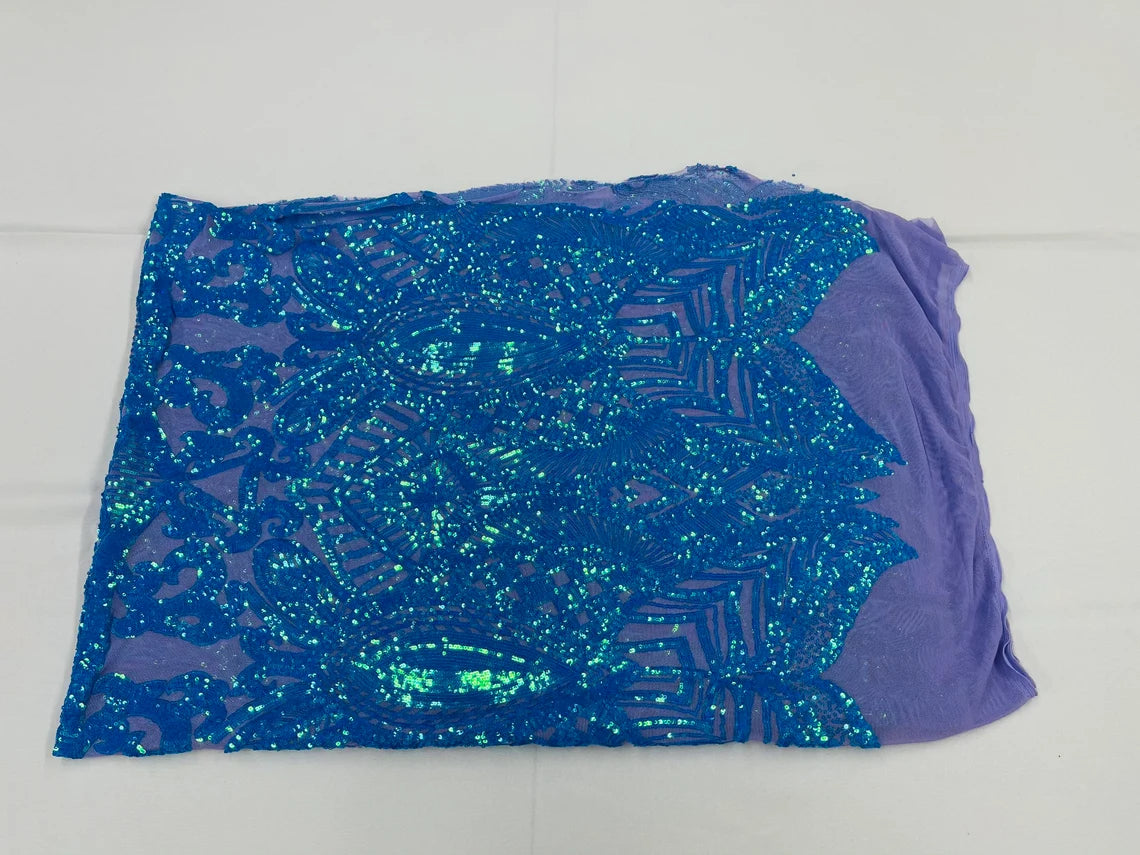 Royalty Damask Sequins Fabric - Turquoise on Lilac - Fancy Royal Lace Design 4 Way Stretch Sequins By Yard