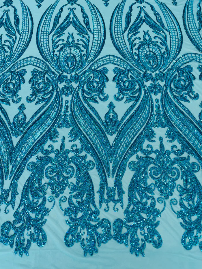 Big Damask 4 Way Sequins - Turquoise - Embroidered Damask Design Sequins Fabric Sold By Yard