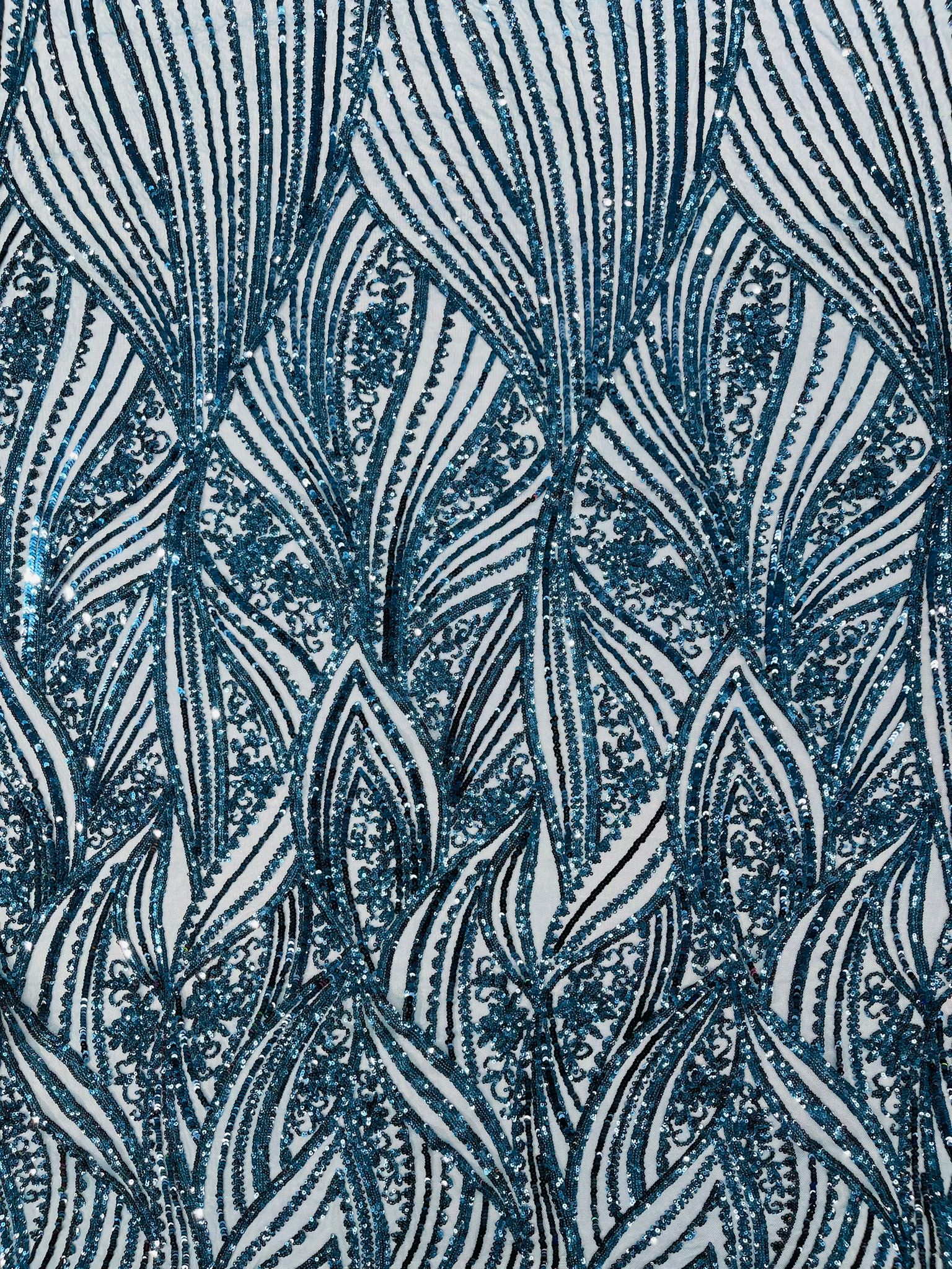 Geometric Feather wing shiny sequin design on a 4 way stretch mesh Fabric-prom-sold by the yard.